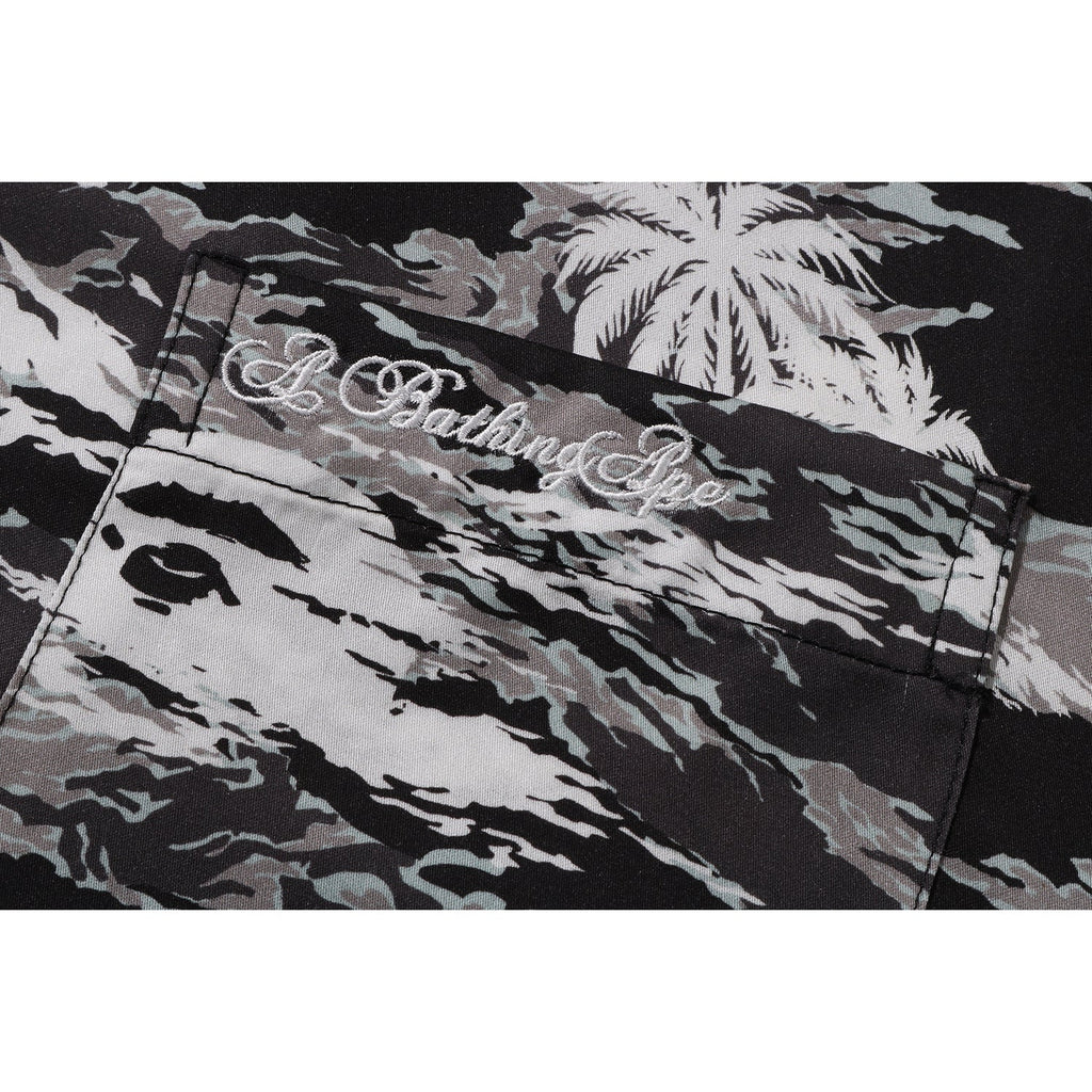MENS PALM TREE CAMO OPEN COLLAR POCKET SS SHIRT