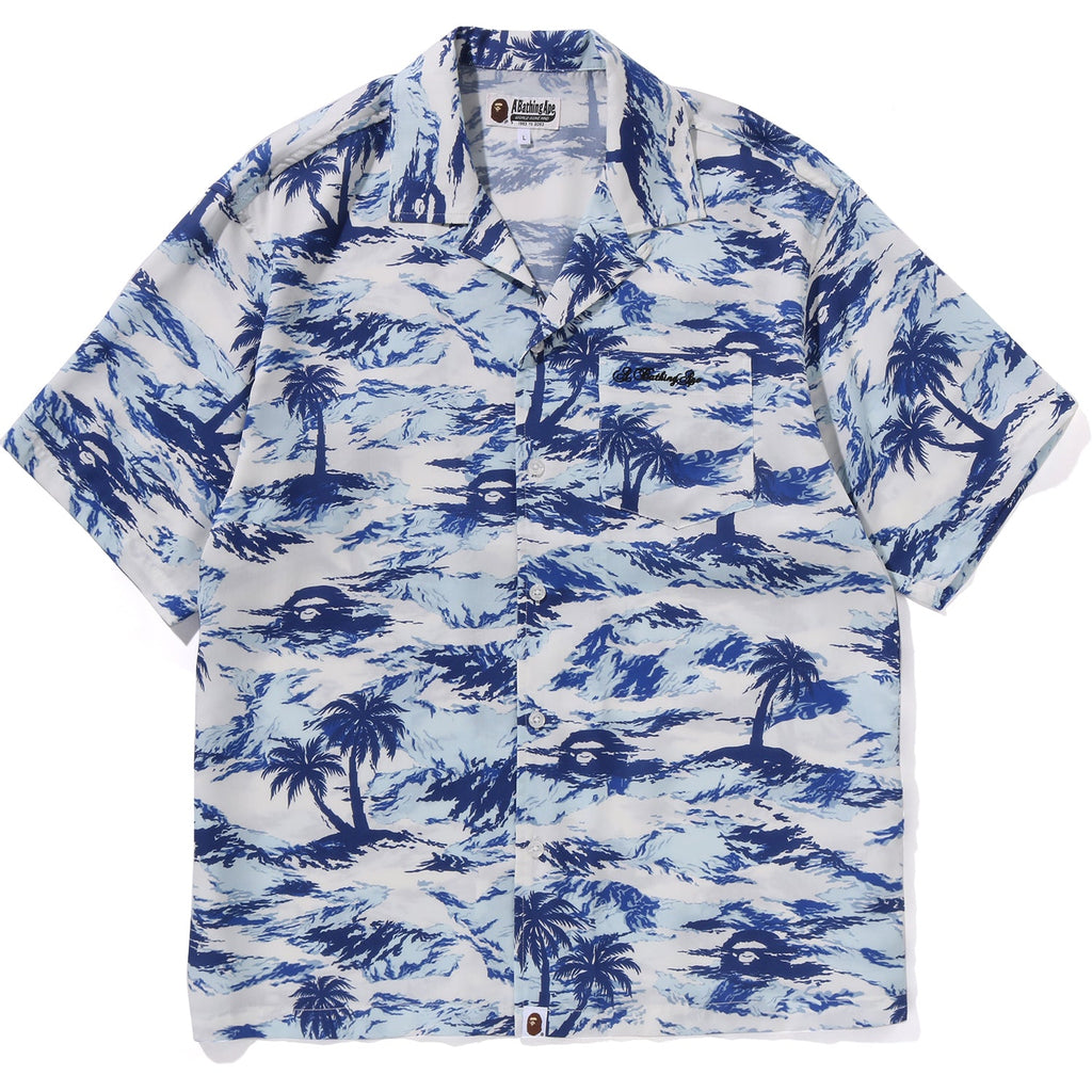 MENS PALM TREE CAMO OPEN COLLAR POCKET SS SHIRT