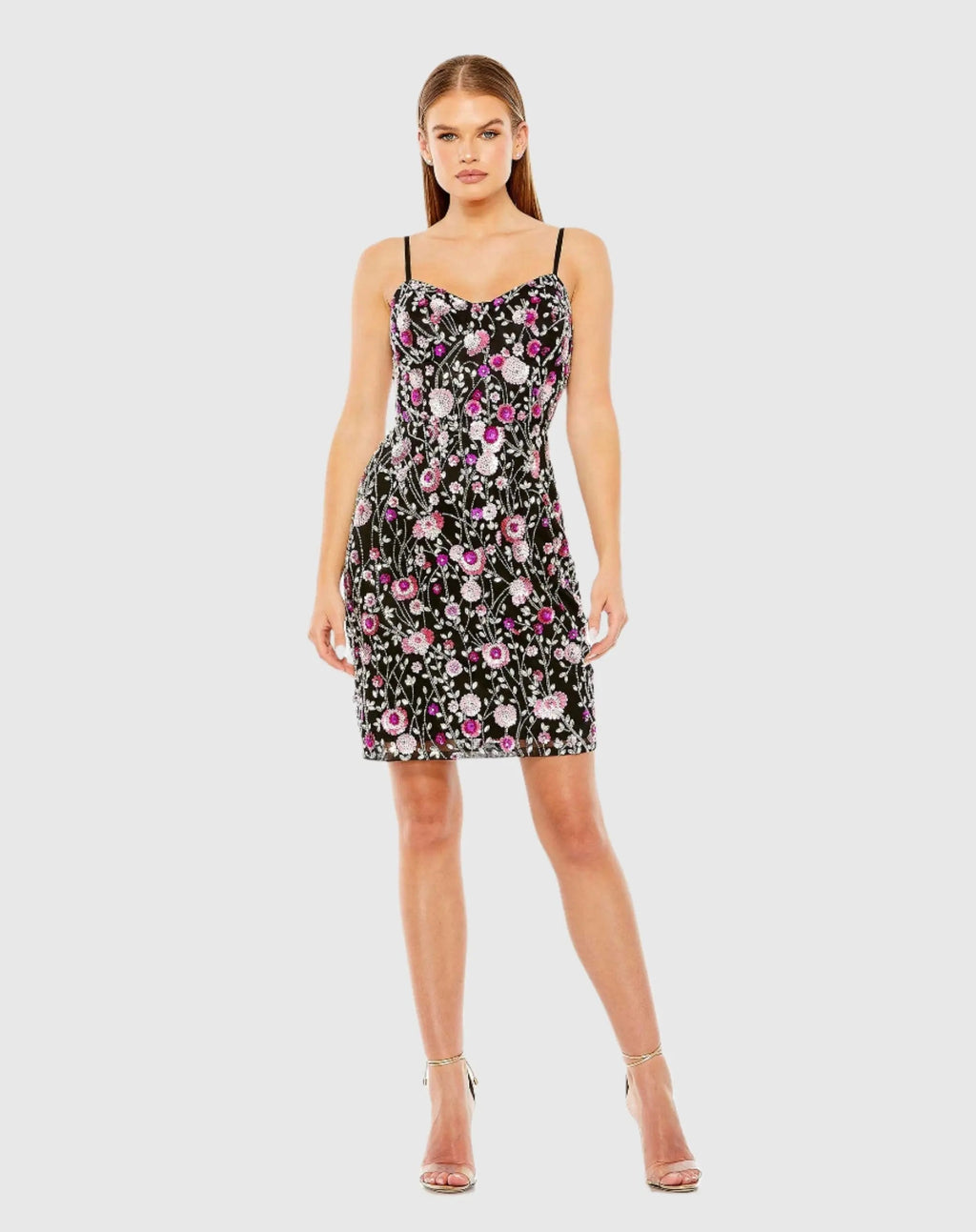Women's Black Mini Dress Floral - Black Sequin Strapless