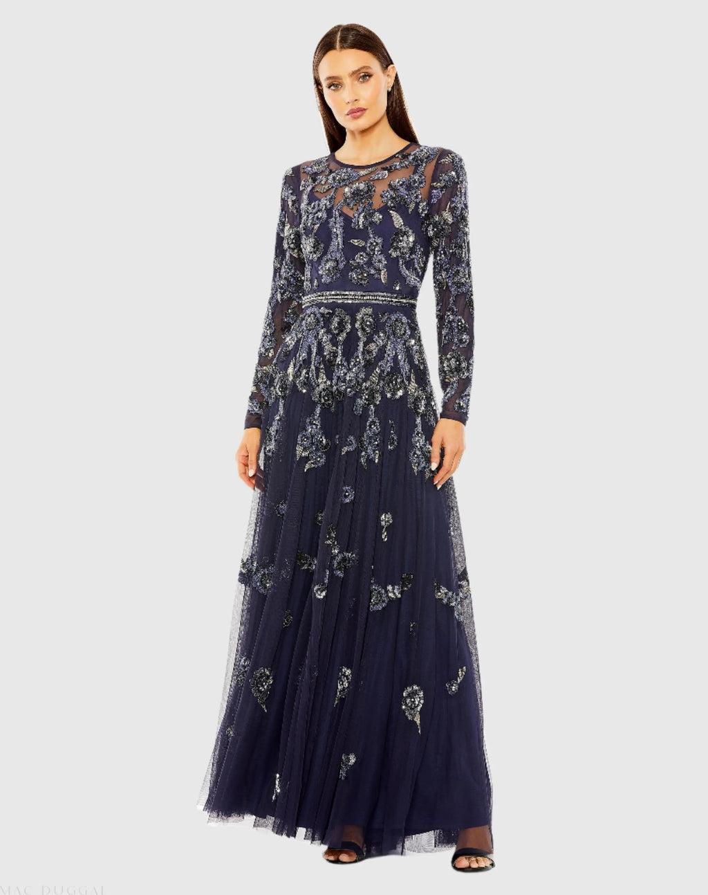 Women's Navy Dress Floral - Black Sequin Mesh