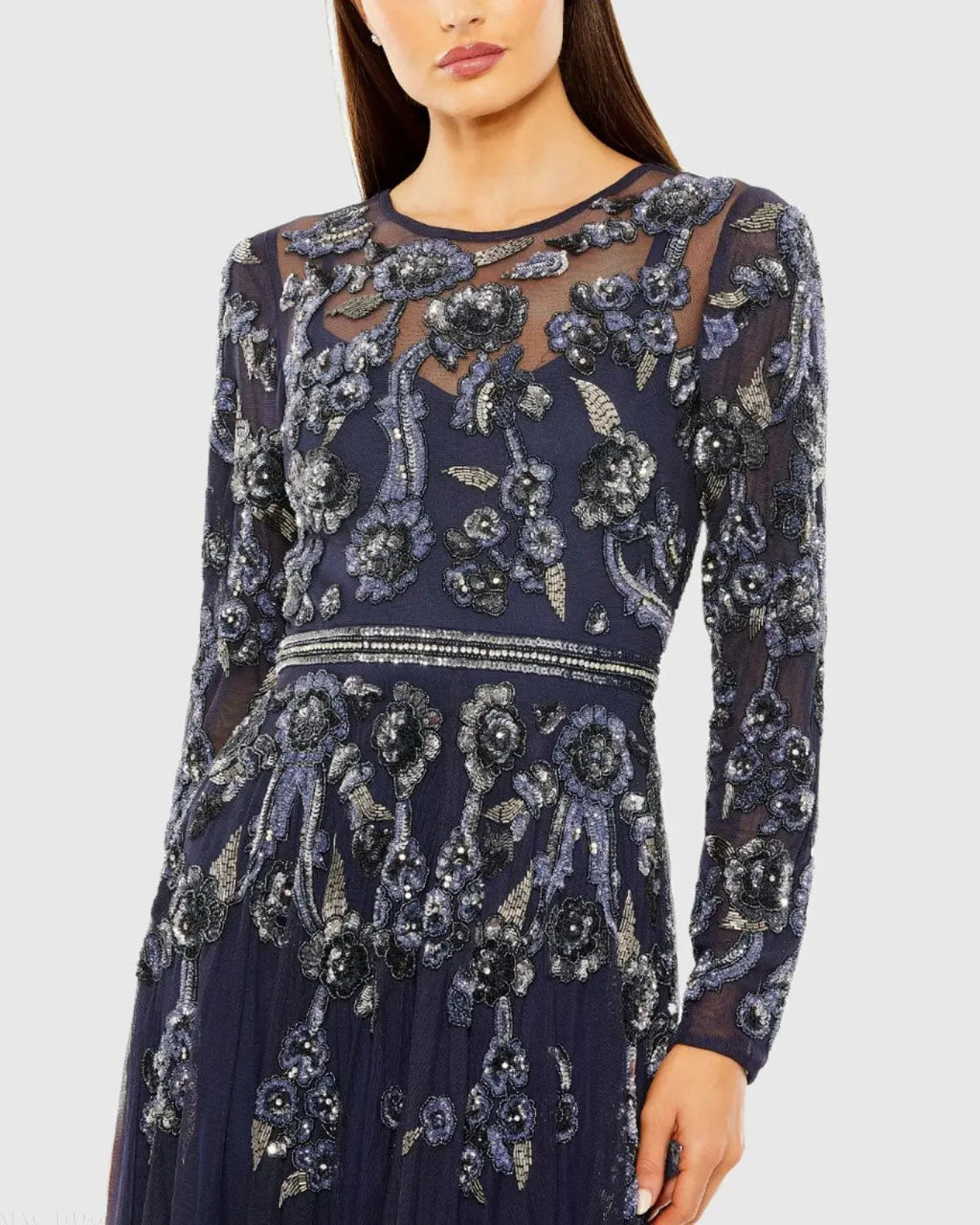 Women's Navy Dress Floral - Black Sequin Mesh