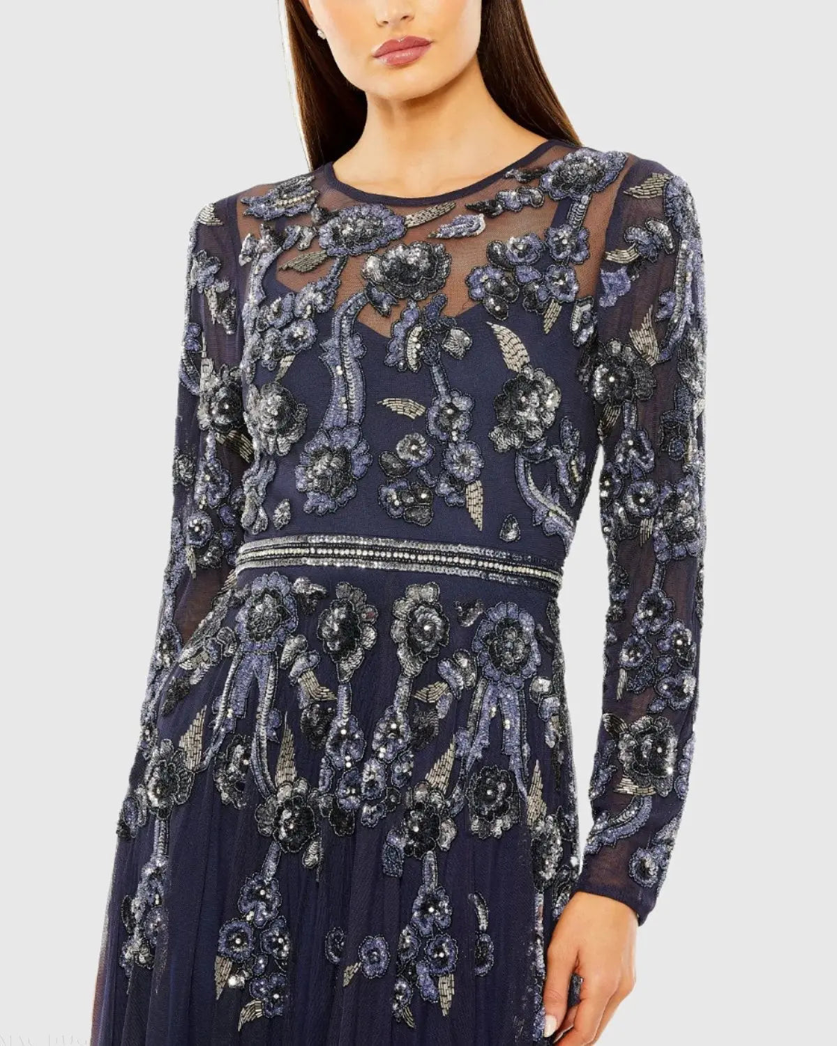 Women's Navy Dress Floral - Black Sequin Mesh