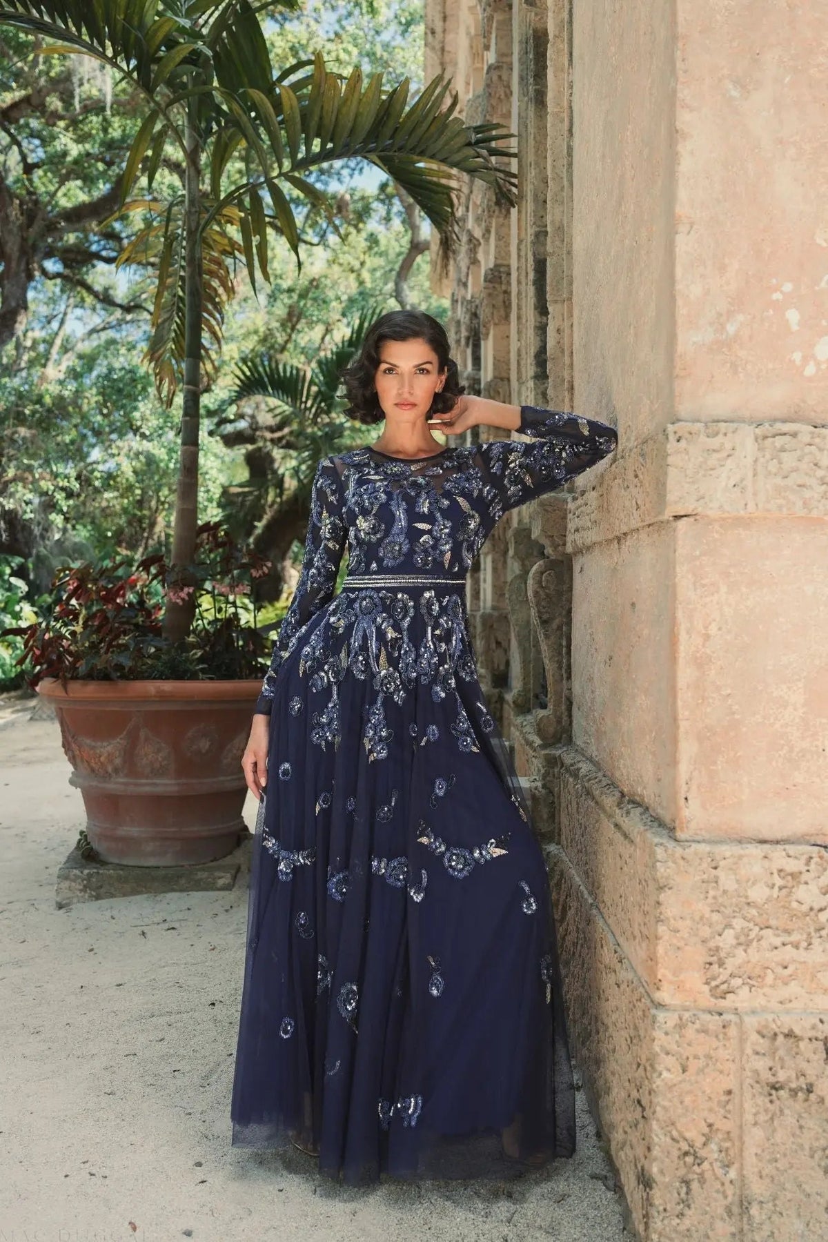 Women's Navy Dress Floral - Black Sequin Mesh