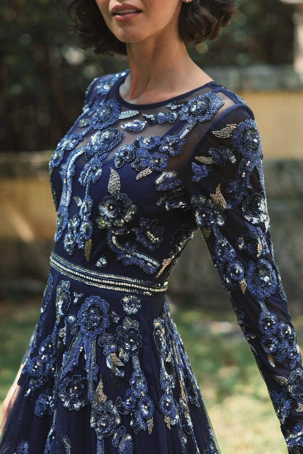 Women's Navy Dress Floral - Black Sequin Mesh