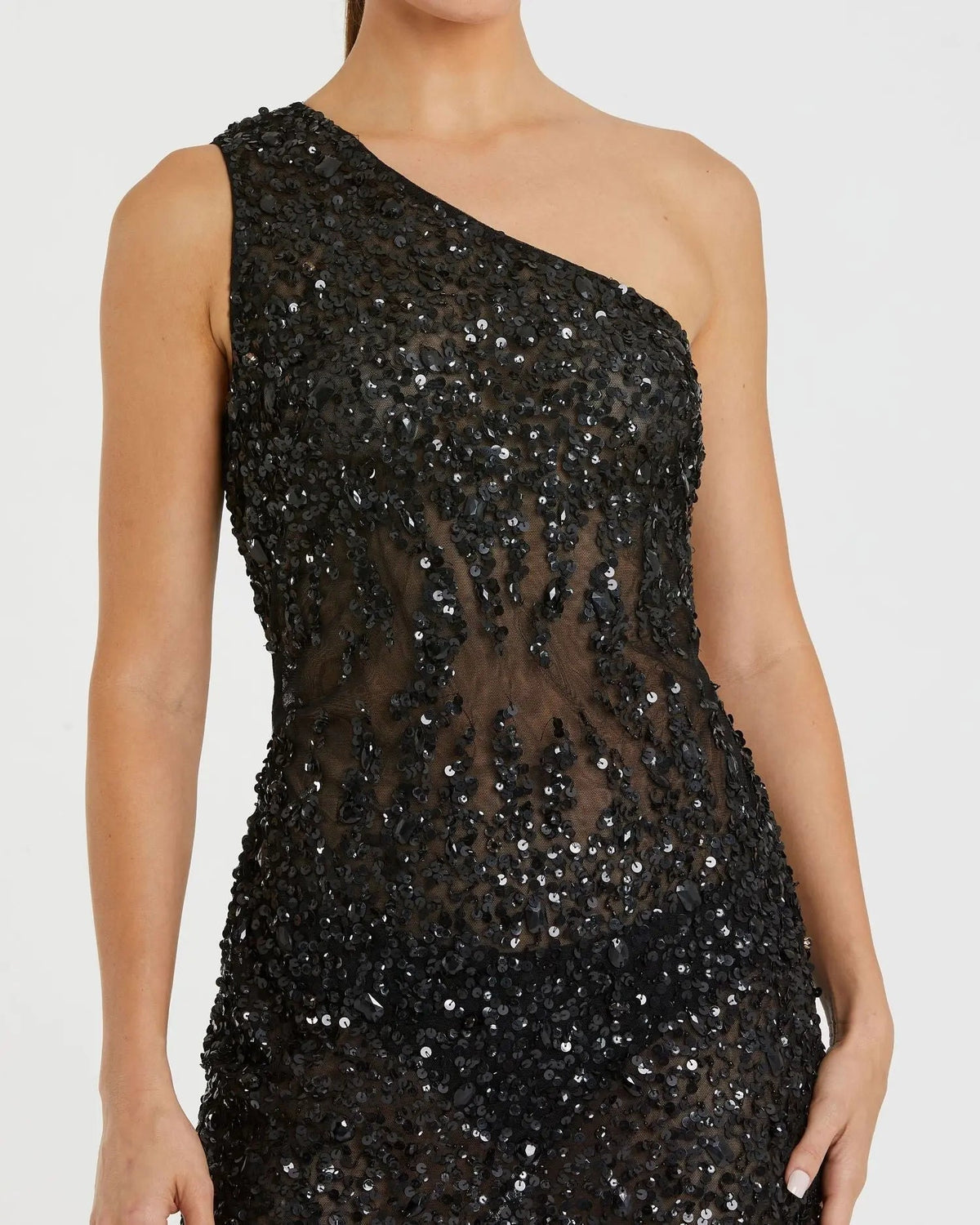 Women's Black Mini Dress Sequin One Shoulder - Black One-Shoulder Mesh