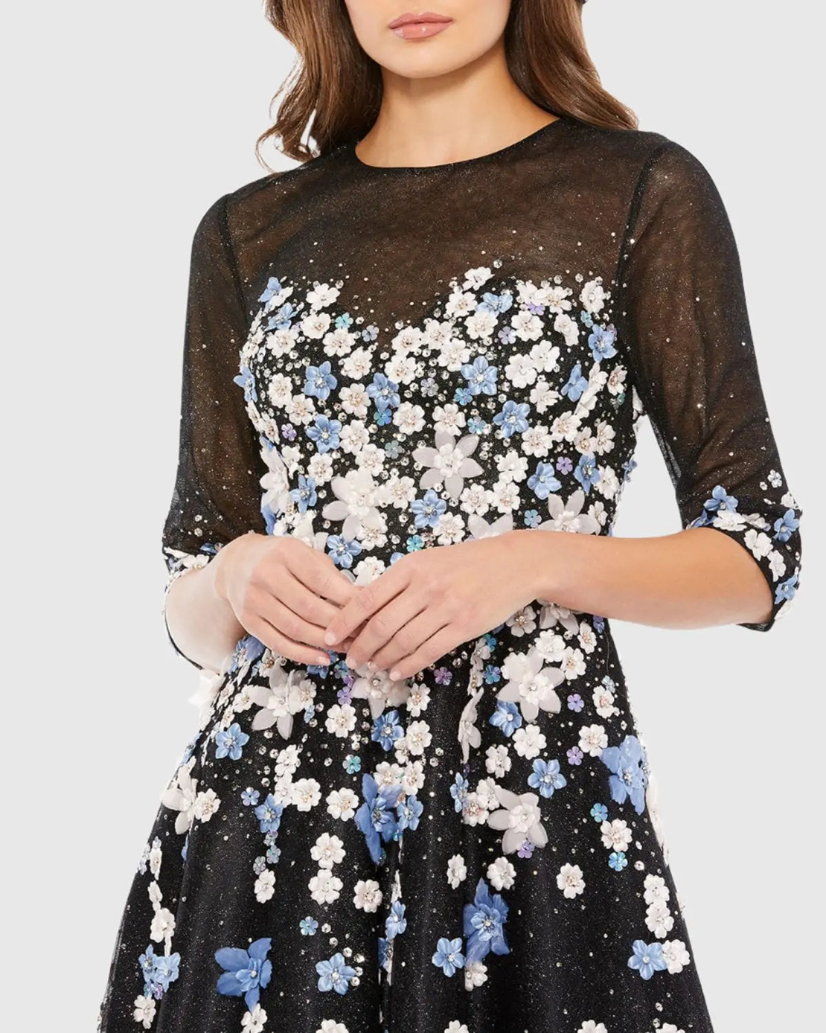 Women's Black Cocktail Dress Floral for Evening & Special Occasions - Black Mesh