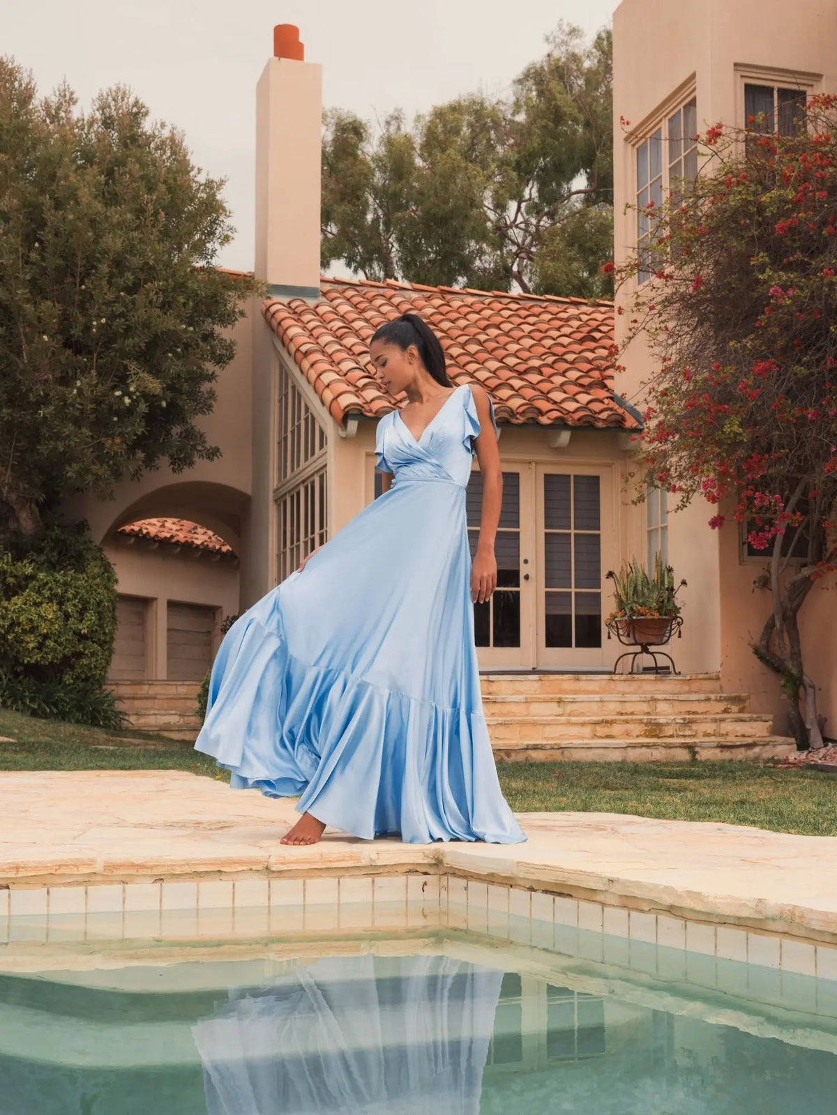 Women's Blue Dress Satin - Blue Pleated