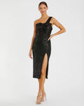 Women's Black Dress Sequin One Shoulder - Black One-Shoulder Mesh