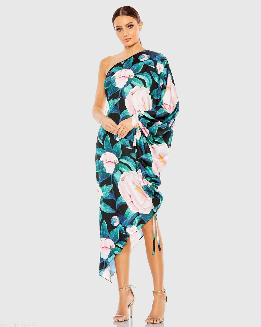 Women's Dress Floral One Shoulder - Black Satin One-Shoulder