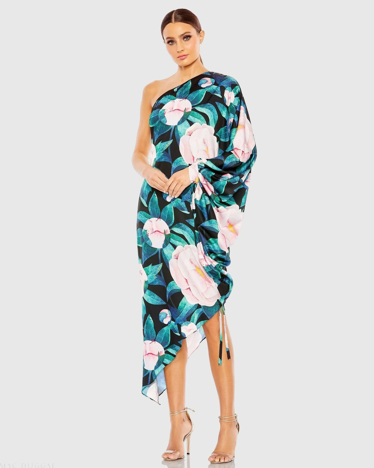 Women's Dress Floral One Shoulder - Black Satin One-Shoulder