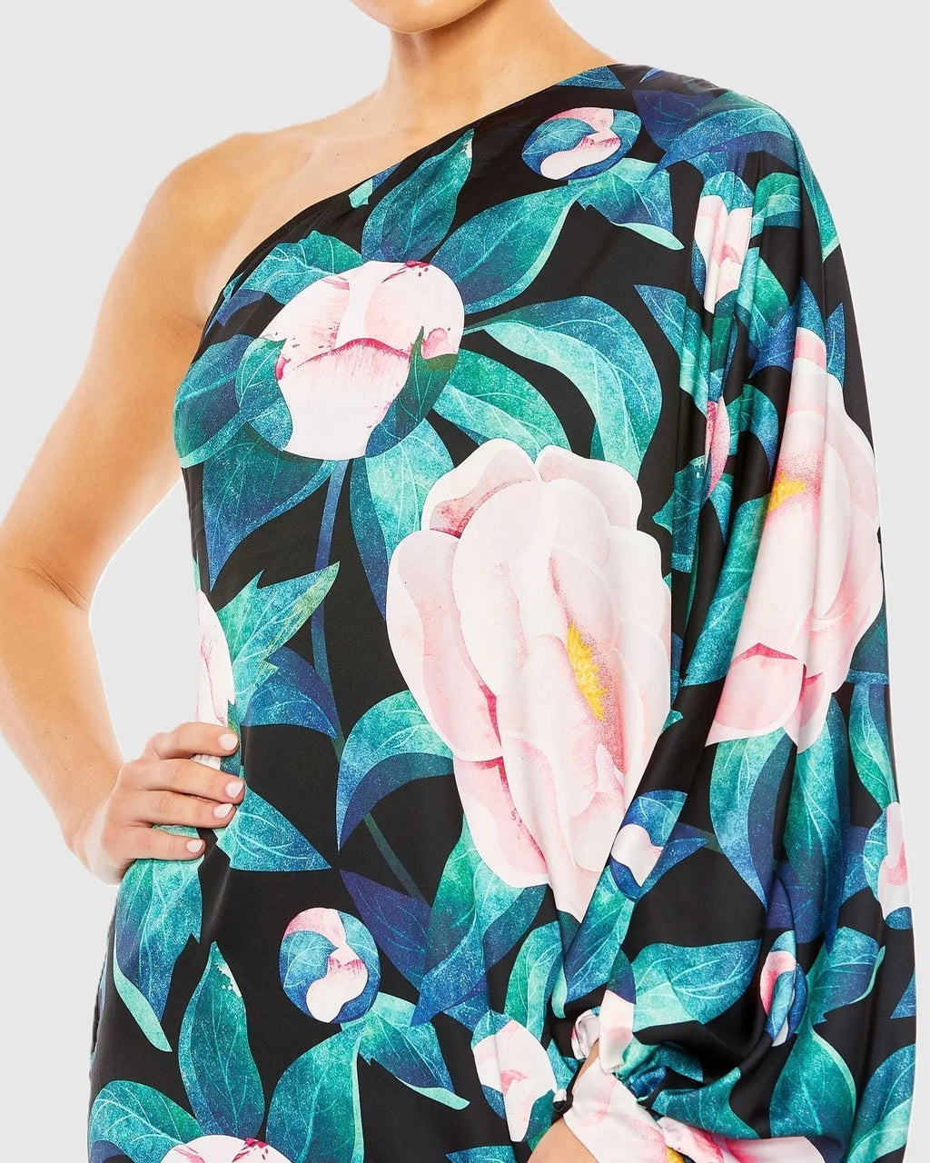 Women's Dress Floral One Shoulder - Black Satin One-Shoulder