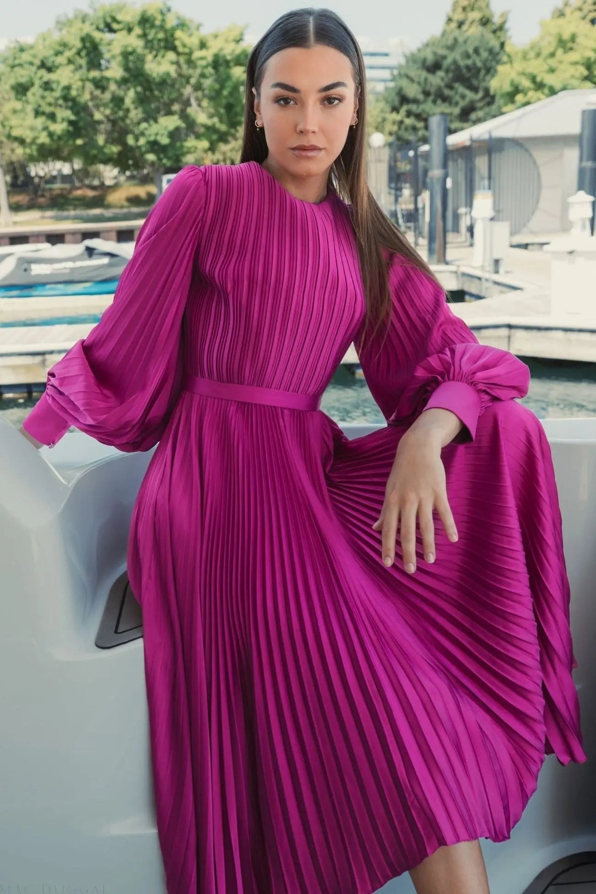 Women's Purple Dress - Purple Satin Pleated