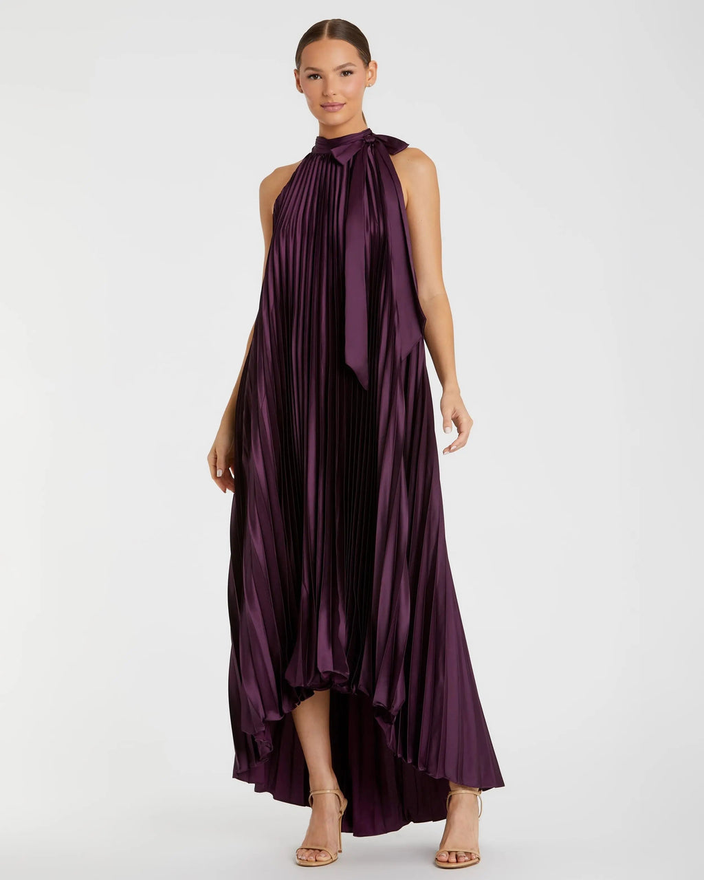 Women's Purple Dress Halter - Black Satin Pleated