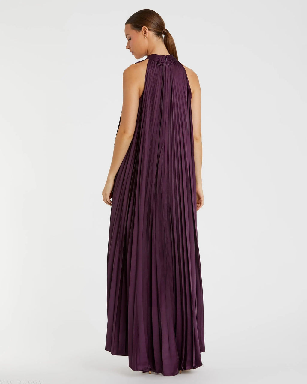 Women's Purple Dress Halter - Black Satin Pleated