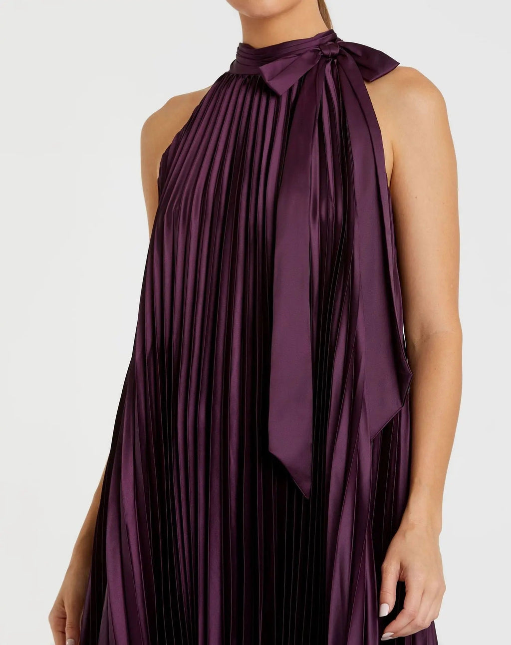 Women's Purple Dress Halter - Black Satin Pleated