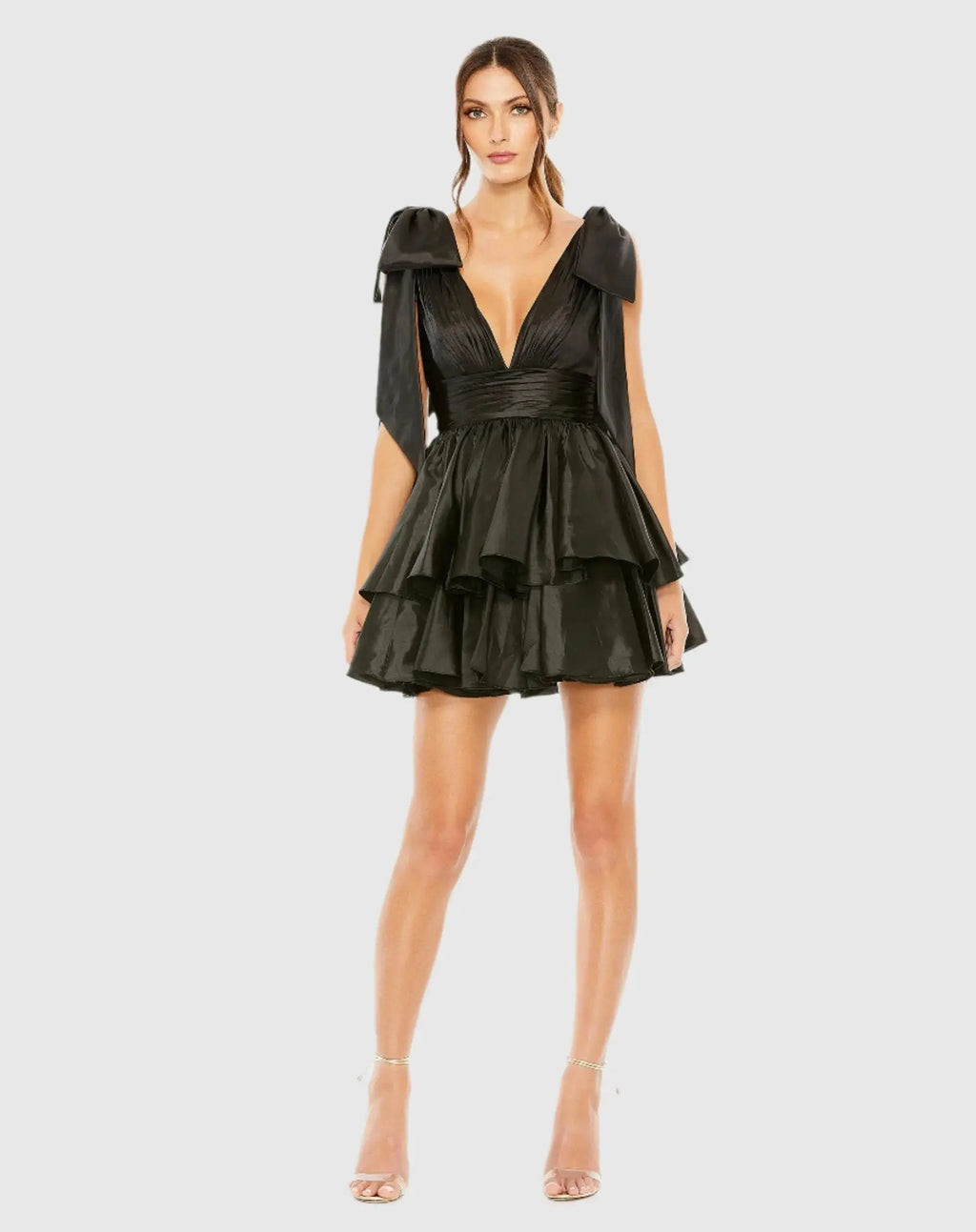 Women's Black Mini Dress - Black Satin Ruffle