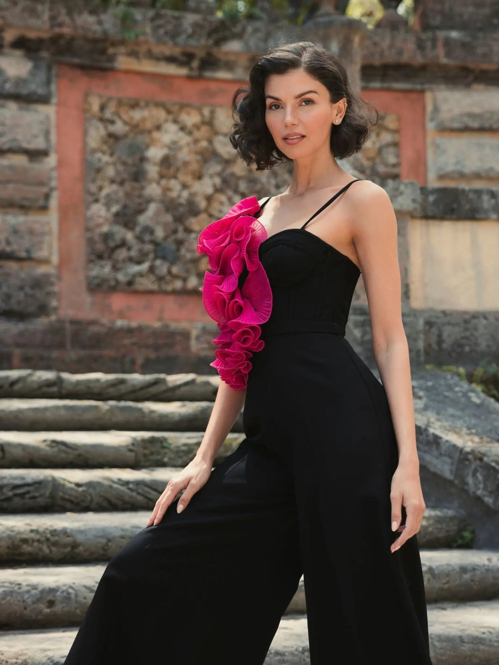 Women's Black Oversized Ruffle Wide Leg Jumpsuit