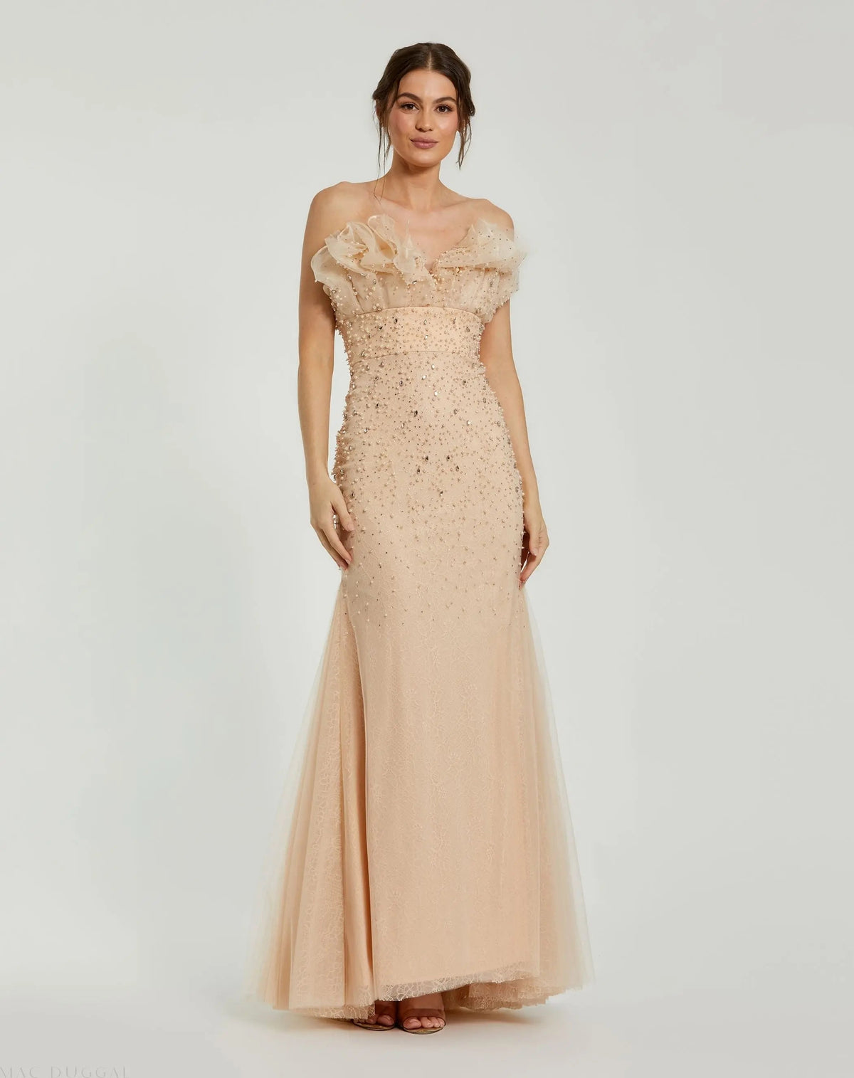 Women's Beige Dress Strapless - Black Ruffle
