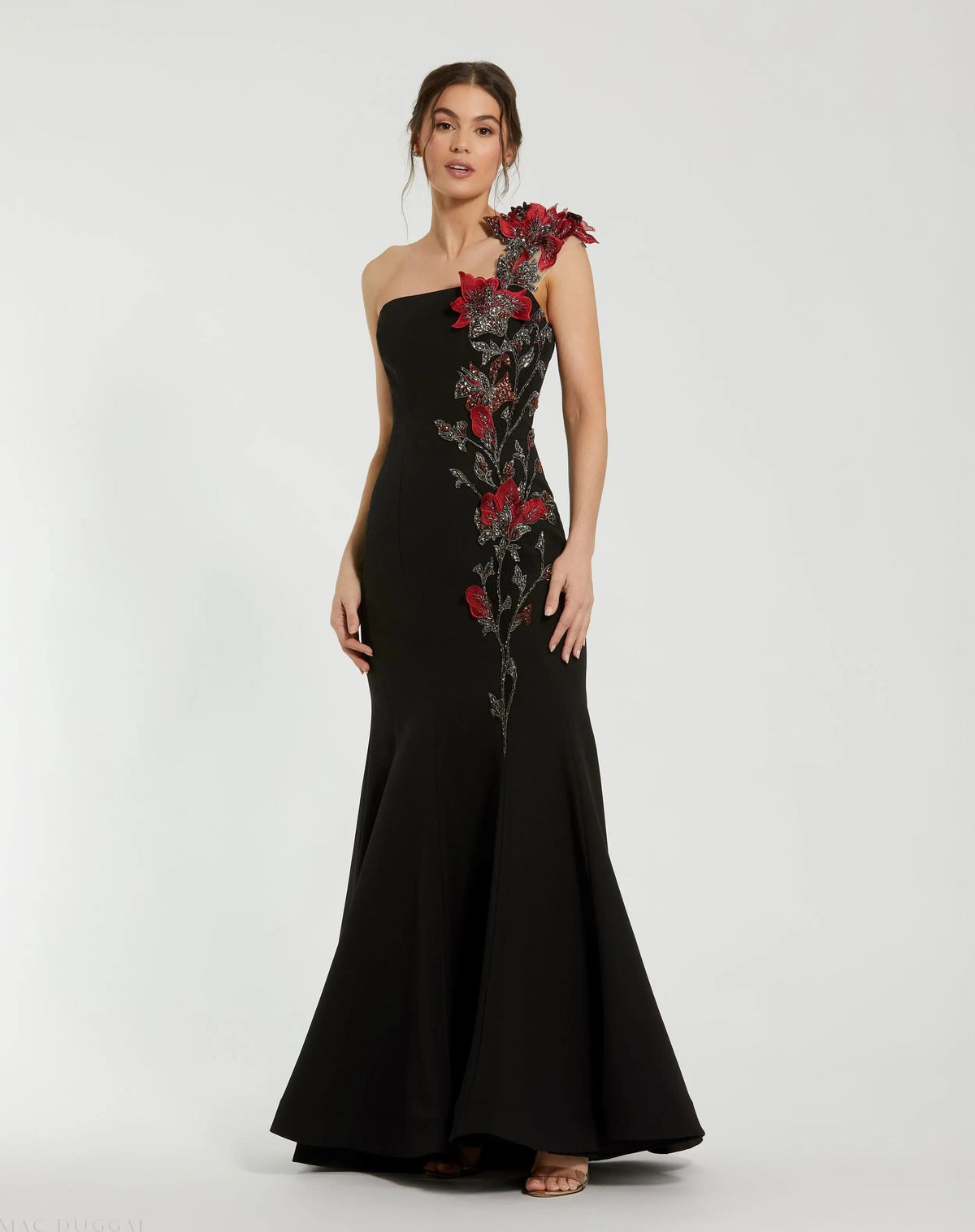 Women's Black Dress - Black Floral One-Shoulder