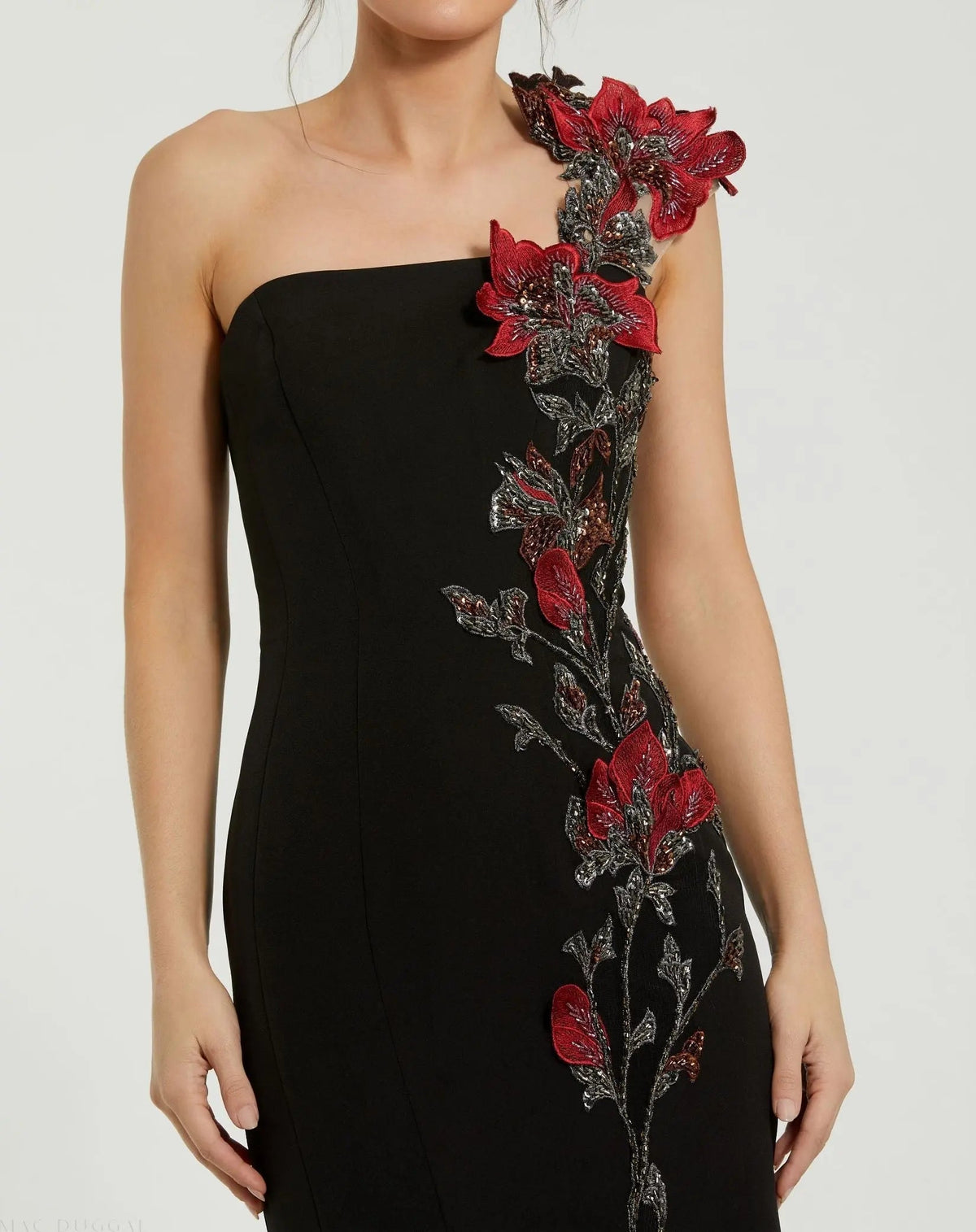 Women's Black Dress - Black Floral One-Shoulder