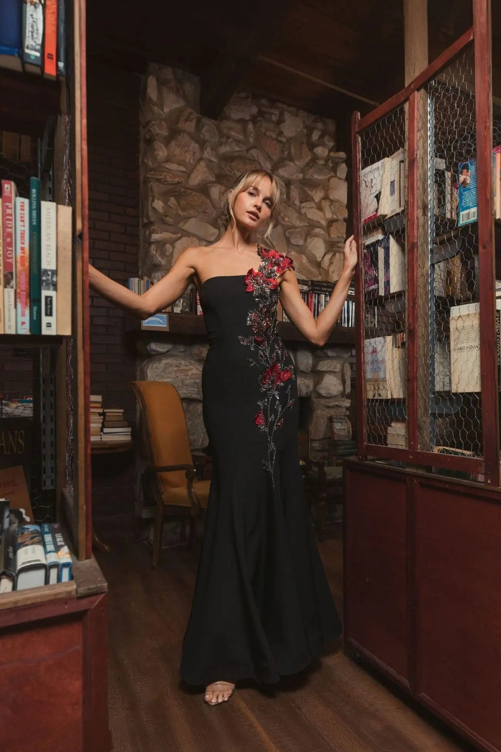 Women's Black Dress - Black Floral One-Shoulder