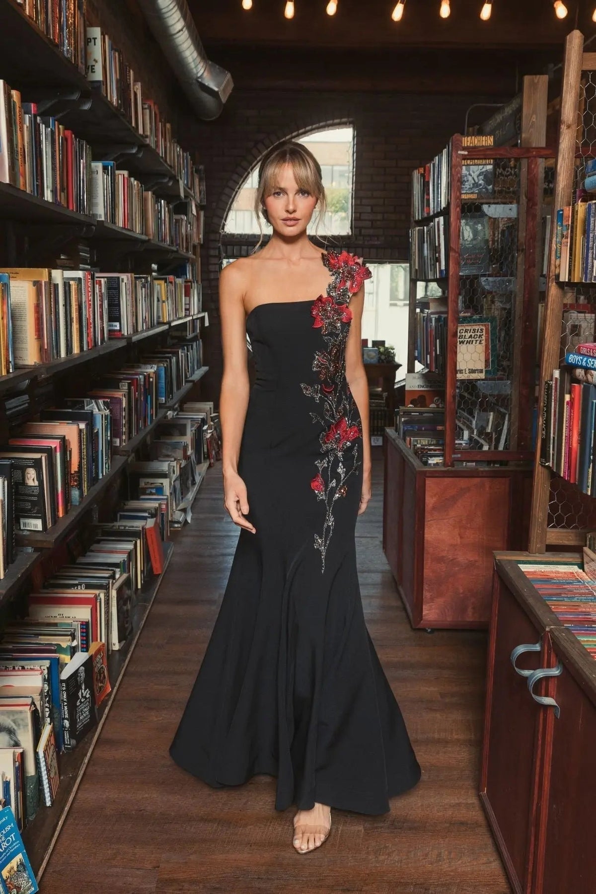 Women's Black Dress - Black Floral One-Shoulder