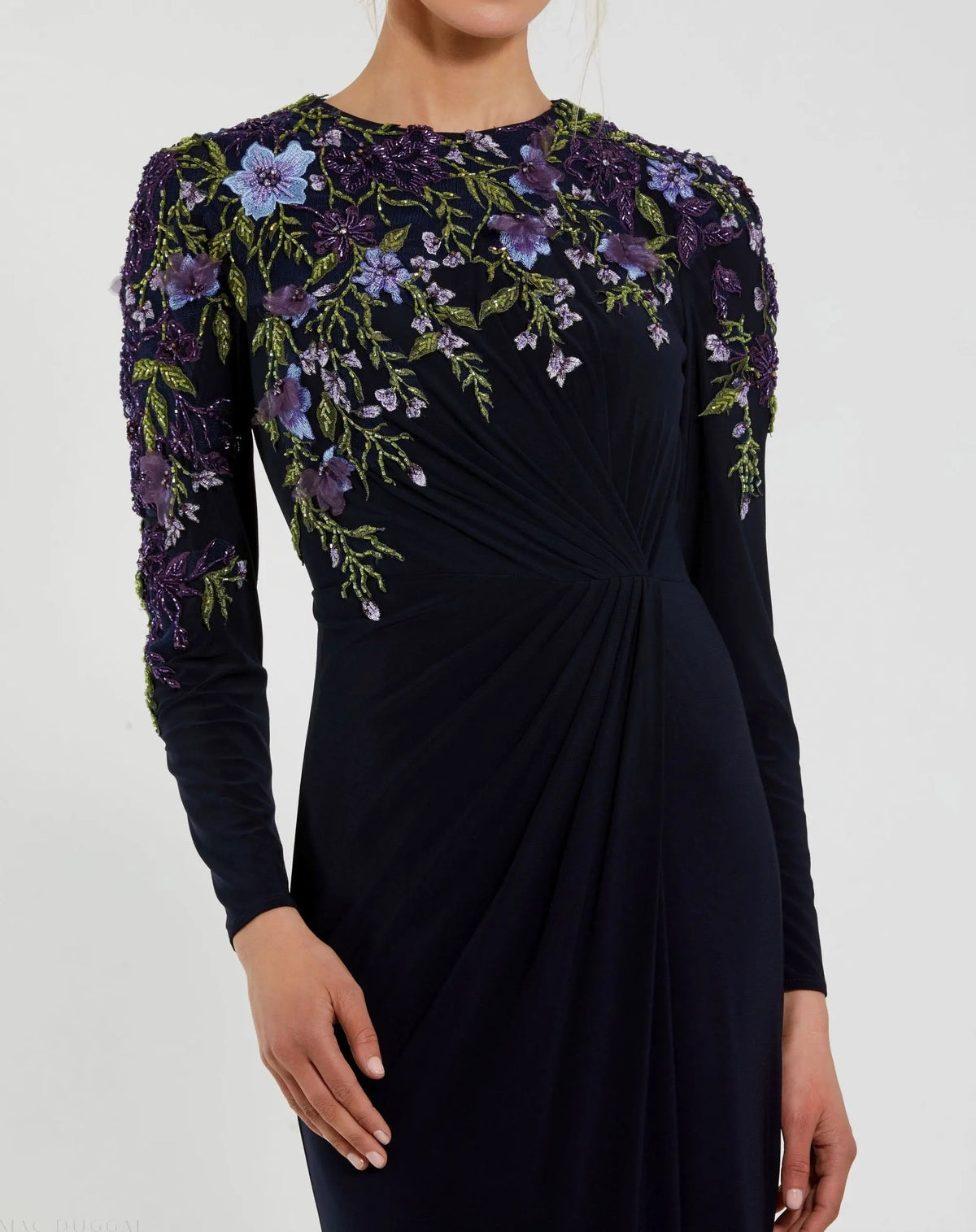 Women's Navy Dress - Black Floral Ruched