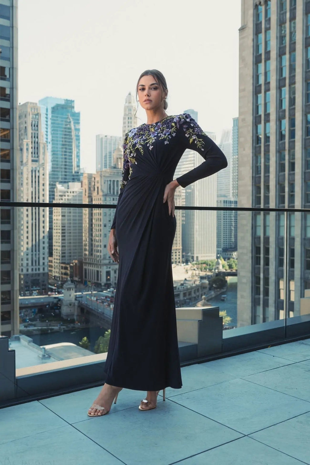 Women's Navy Dress - Black Floral Ruched