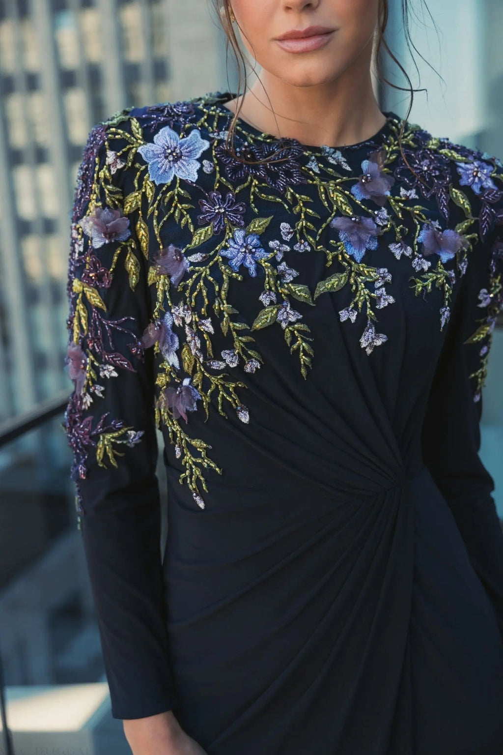 Women's Navy Dress - Black Floral Ruched