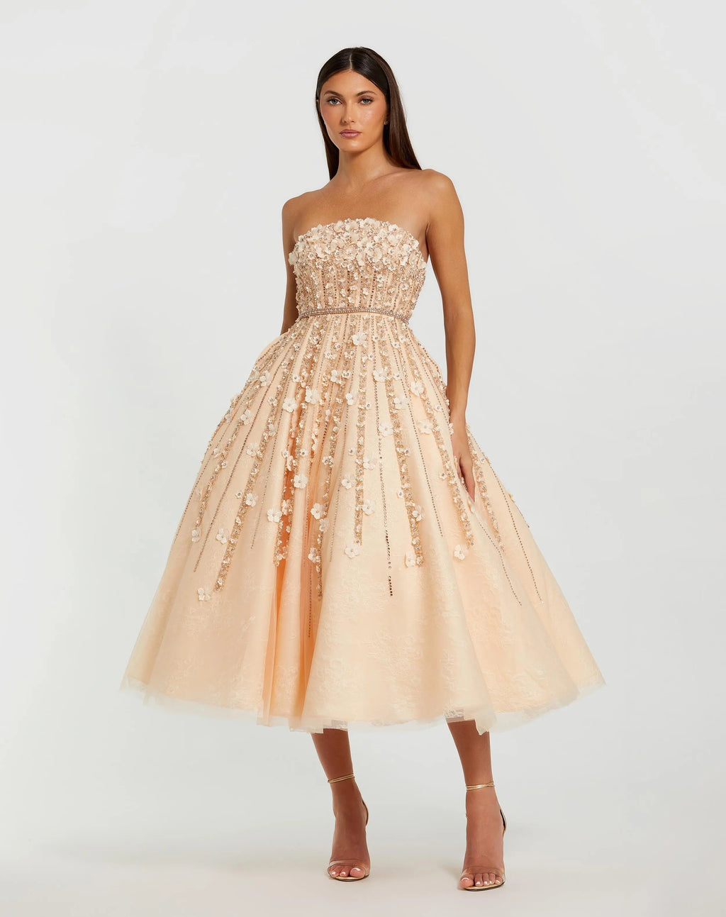 Women's Beige Midi Dress Lace Strapless