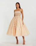 Women's Beige Midi Dress Lace Strapless