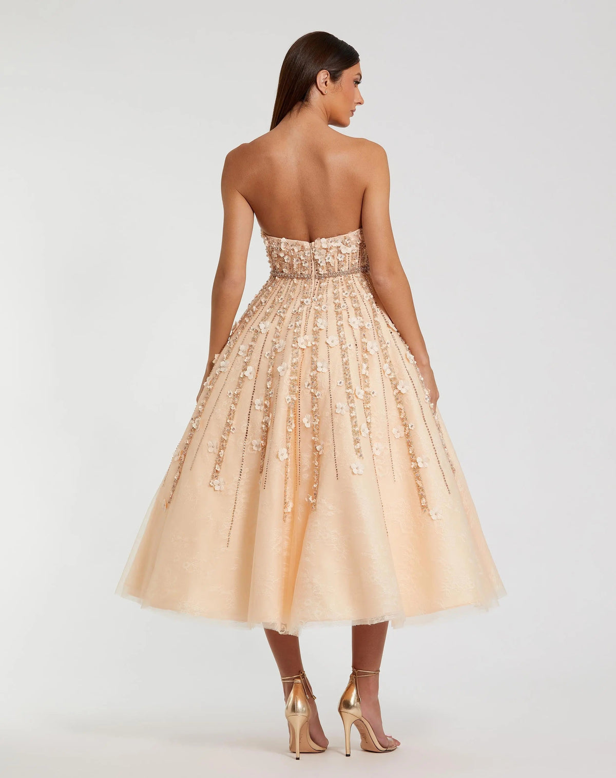 Women's Beige Midi Dress Lace Strapless