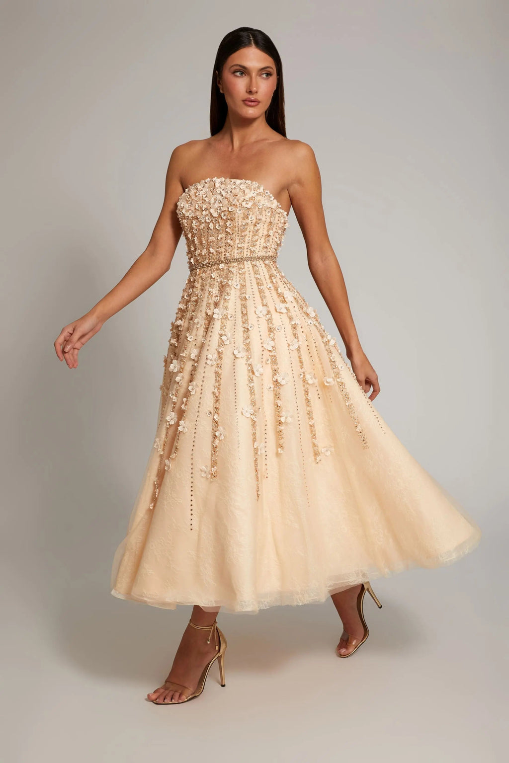 Women's Beige Midi Dress Lace Strapless