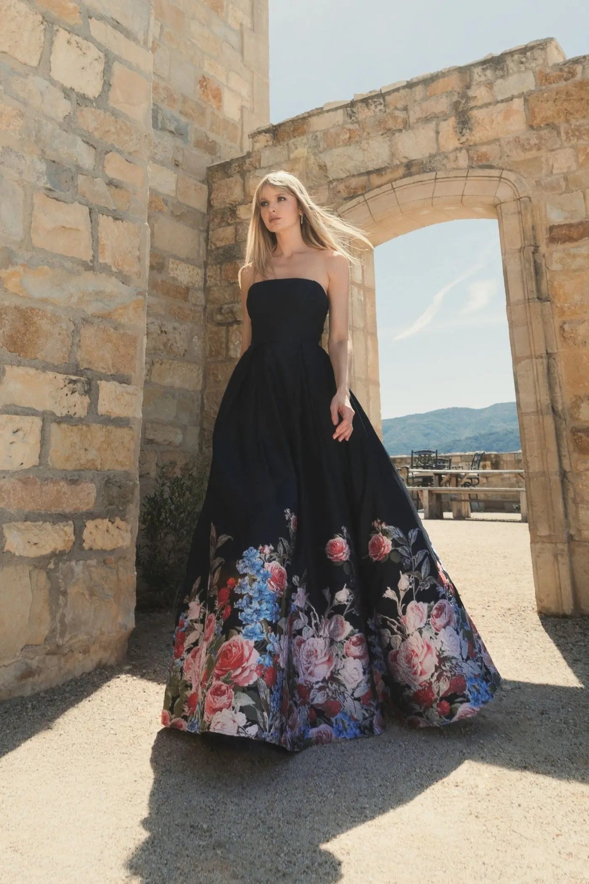 Women's Black Dress Floral Strapless - 11970