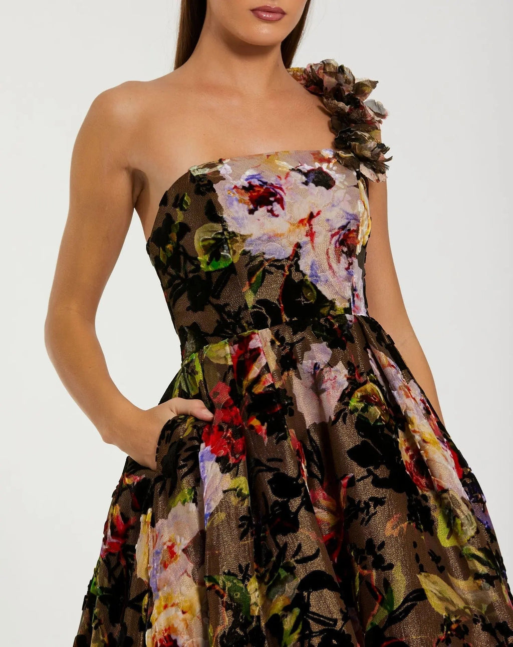 Women's Dress Floral One Shoulder - Black One-Shoulder Velvet