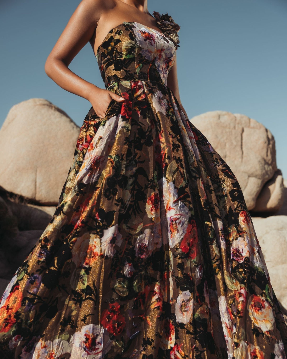 Women's Dress Floral One Shoulder - Black One-Shoulder Velvet
