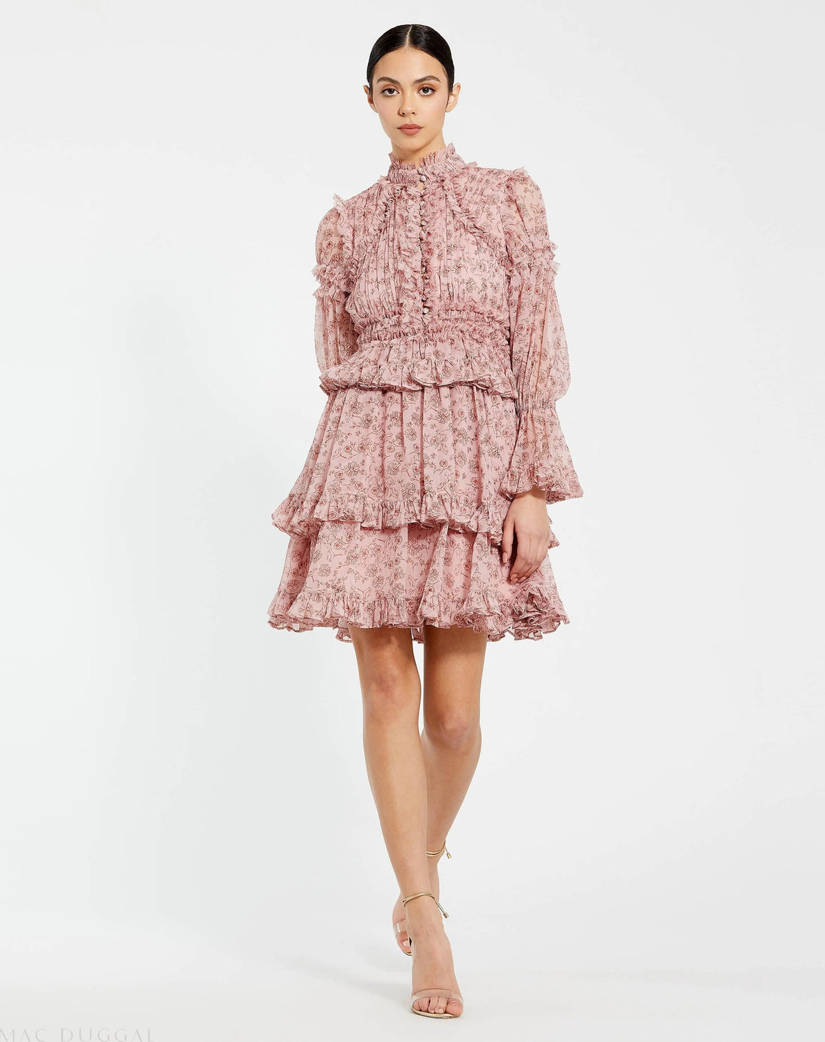Women's Pink Mini Dress - Pink Floral Ruffle