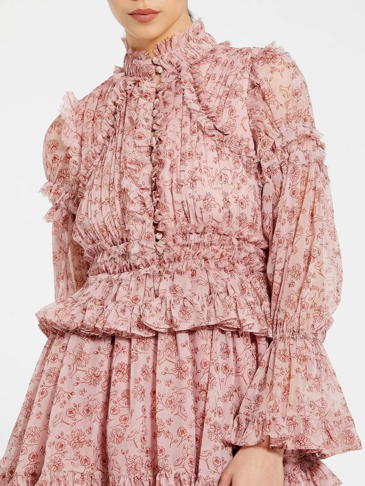Women's Pink Mini Dress - Pink Floral Ruffle