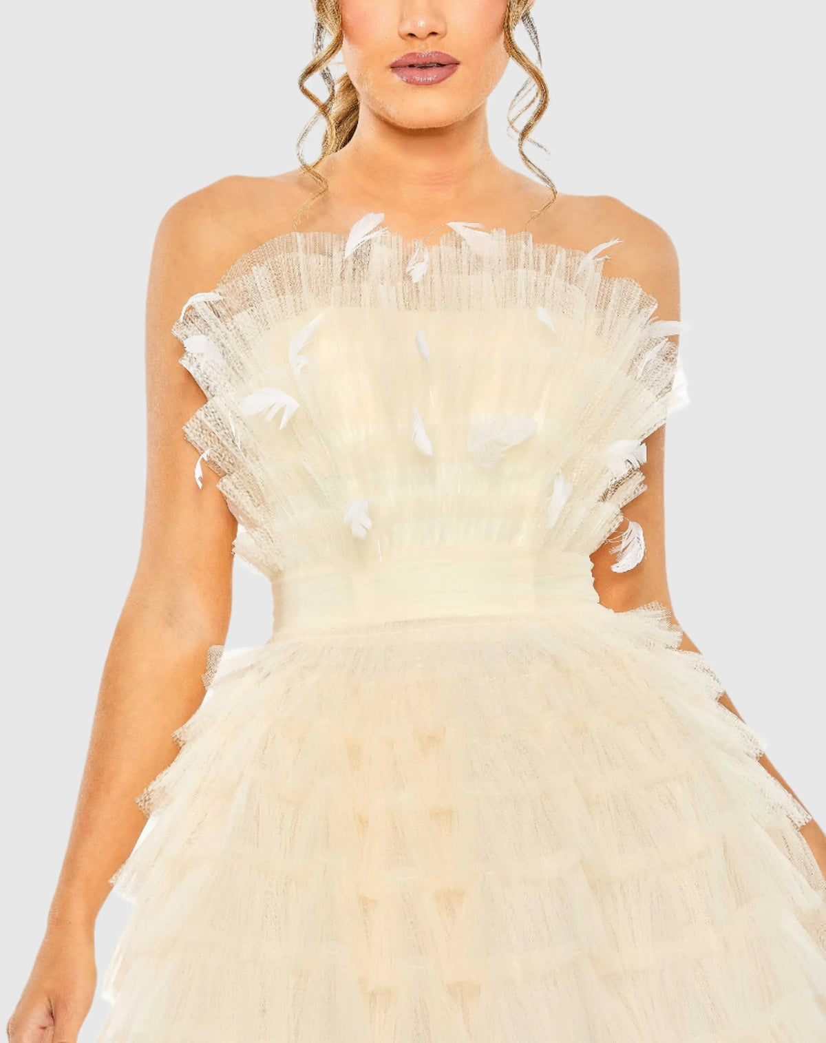 Women's Beige Dress Strapless - White Ruffle