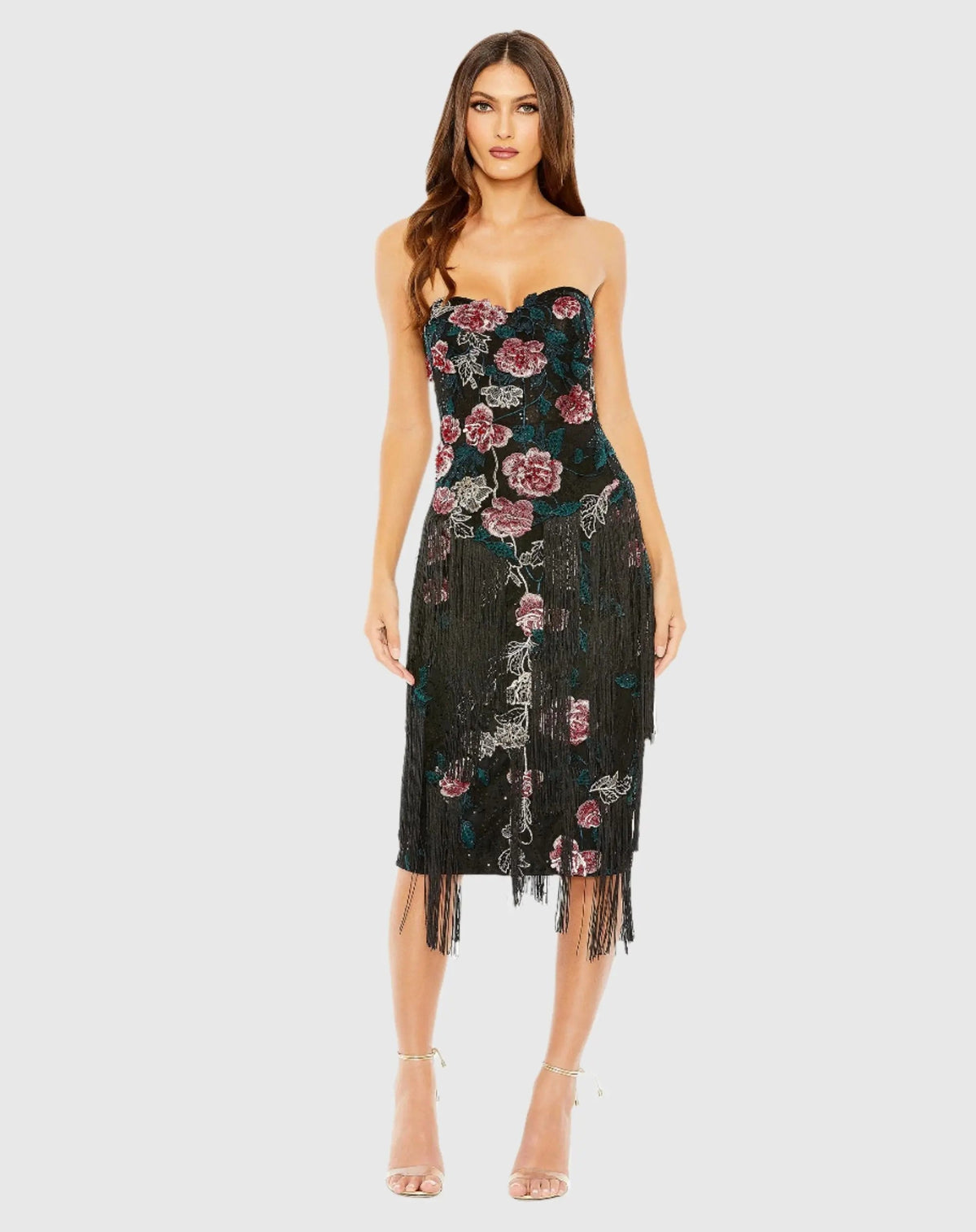 Women's Black Midi Dress Floral Strapless