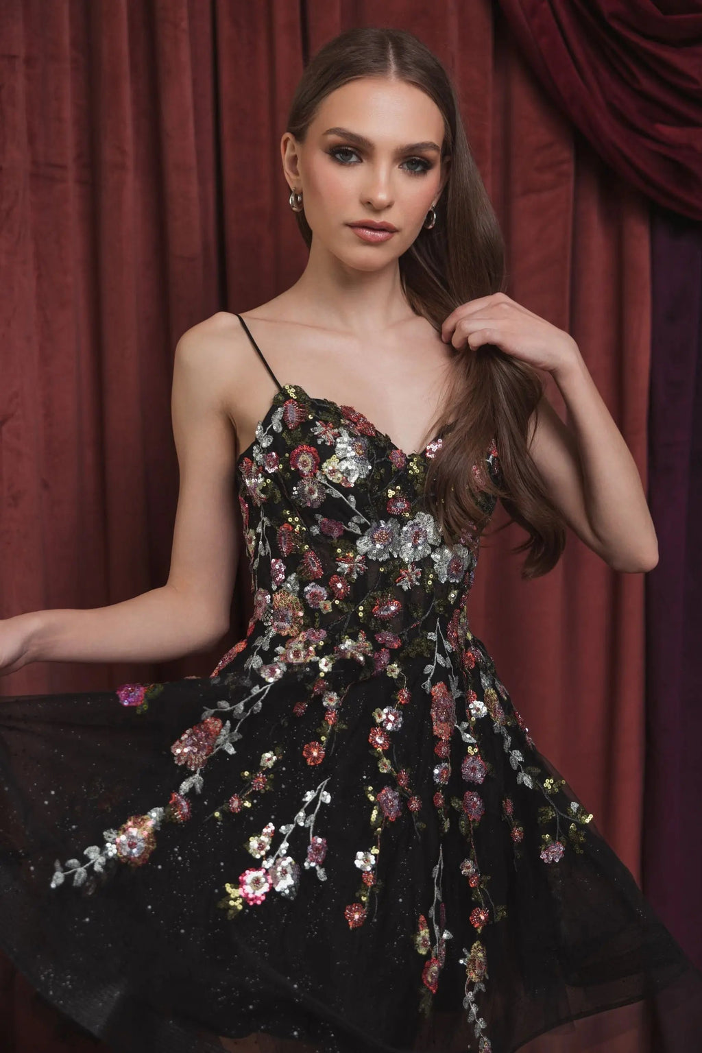 Women's Black Mini Dress Floral - Black Sequin