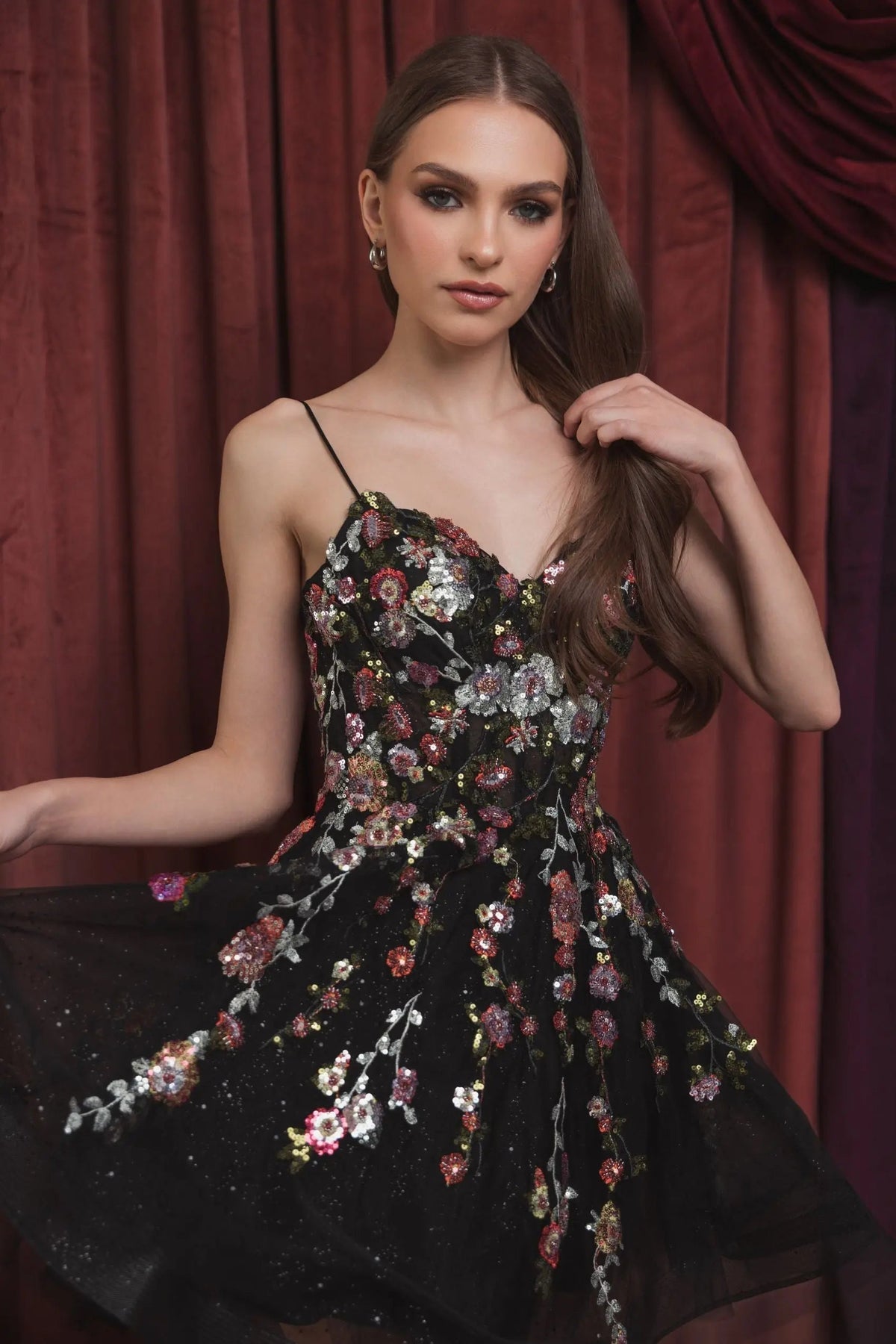 Women's Black Mini Dress Floral - Black Sequin