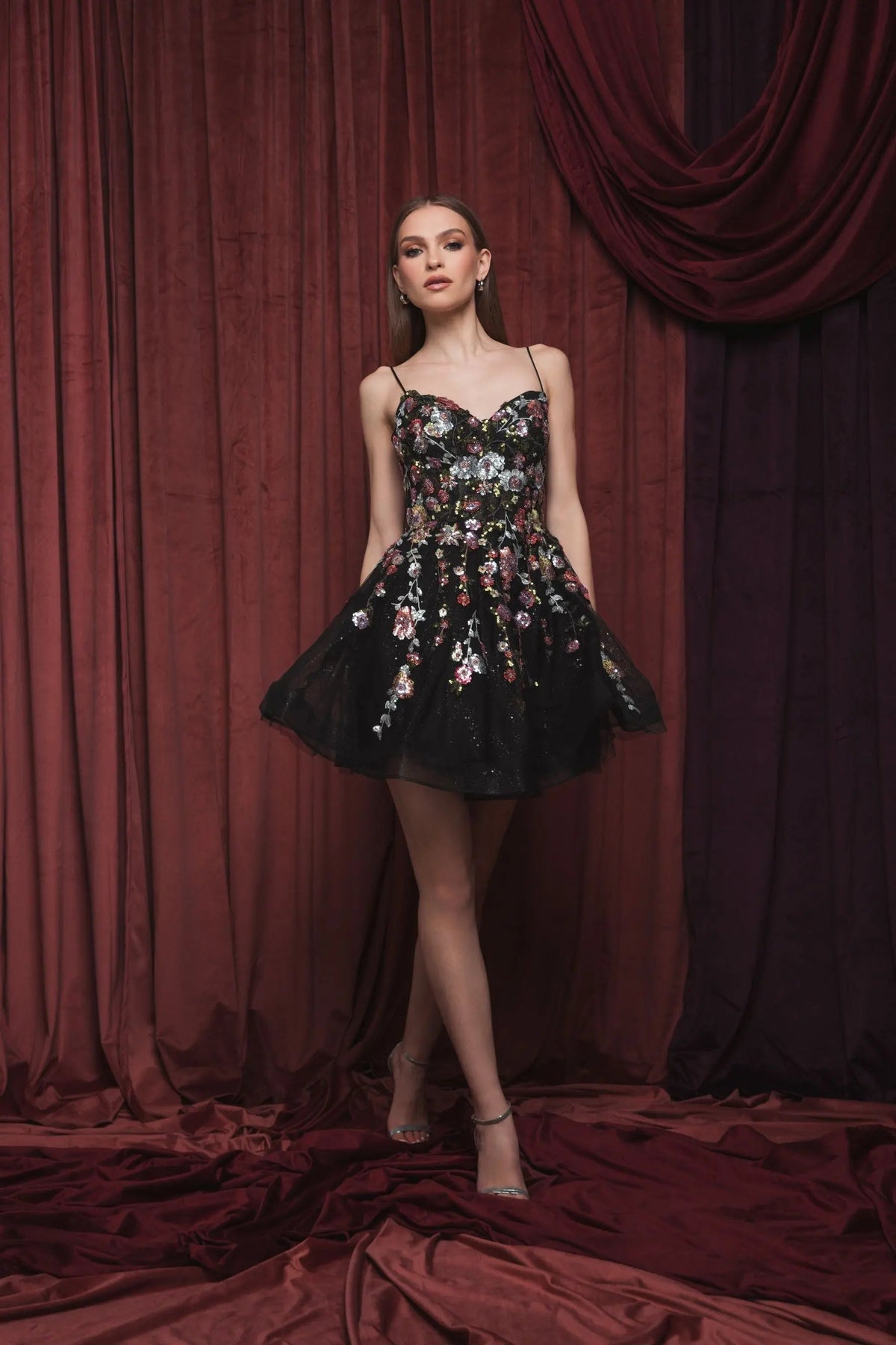 Women's Black Mini Dress Floral - Black Sequin
