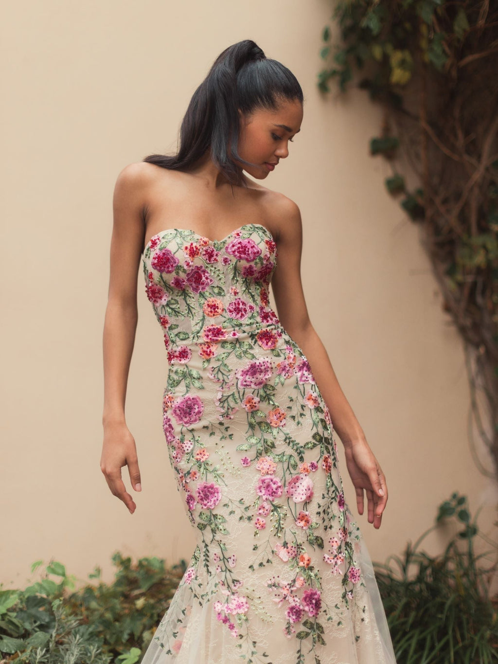 Women's Beige Dress Floral Strapless - Black Lace
