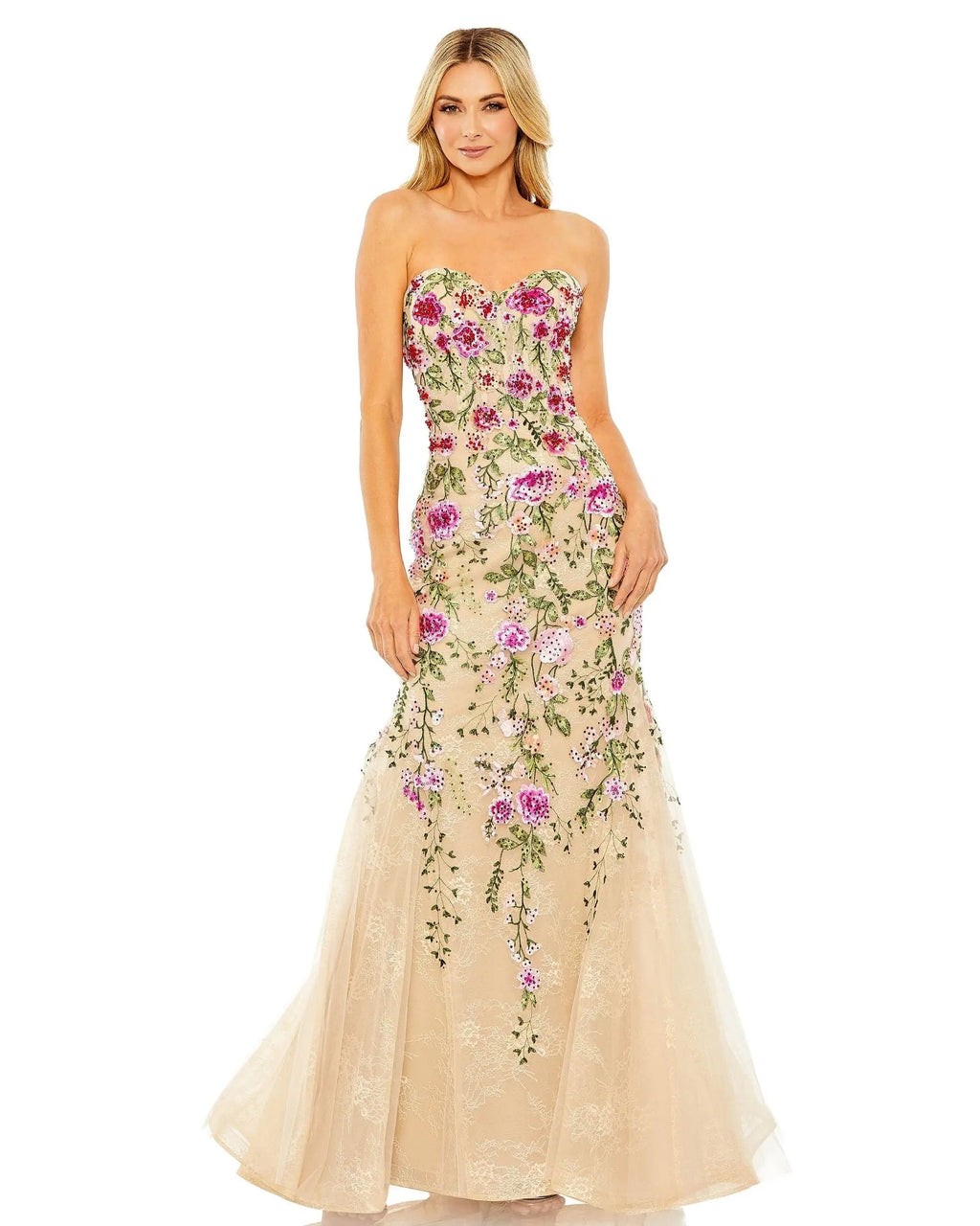 Women's Beige Dress Floral Strapless - Black Lace