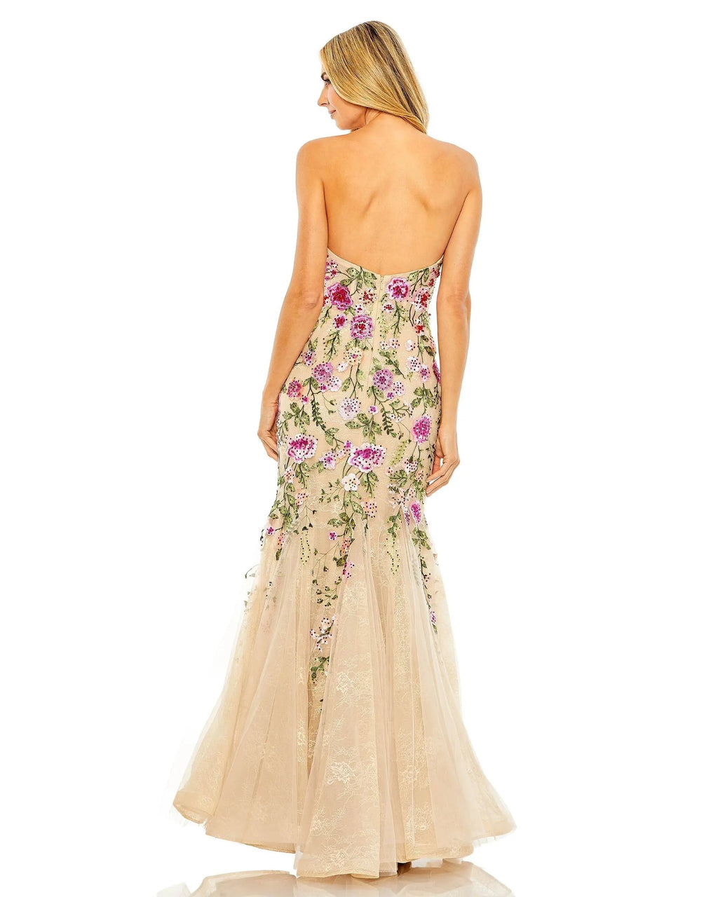 Women's Beige Dress Floral Strapless - Black Lace