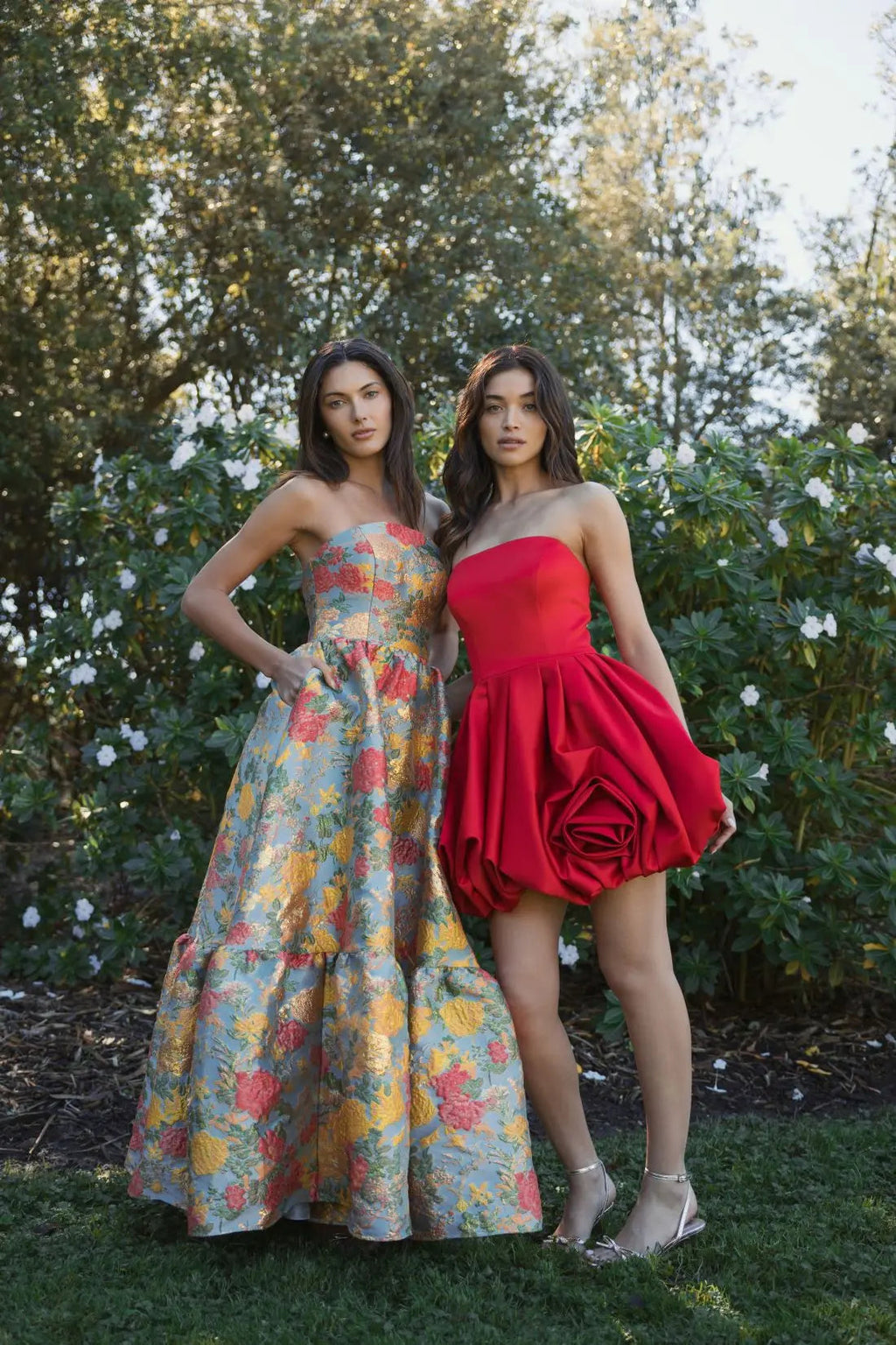 Women's Red Mini Dress Strapless - Red Satin Floral