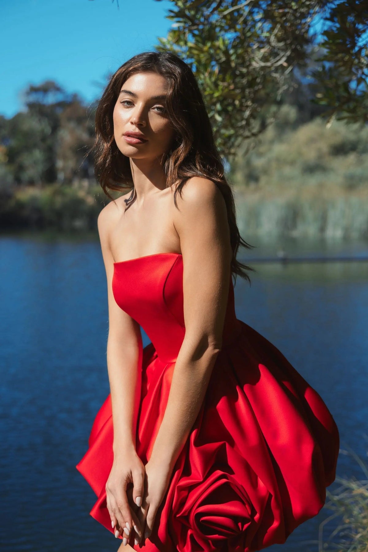 Women's Red Mini Dress Strapless - Red Satin Floral
