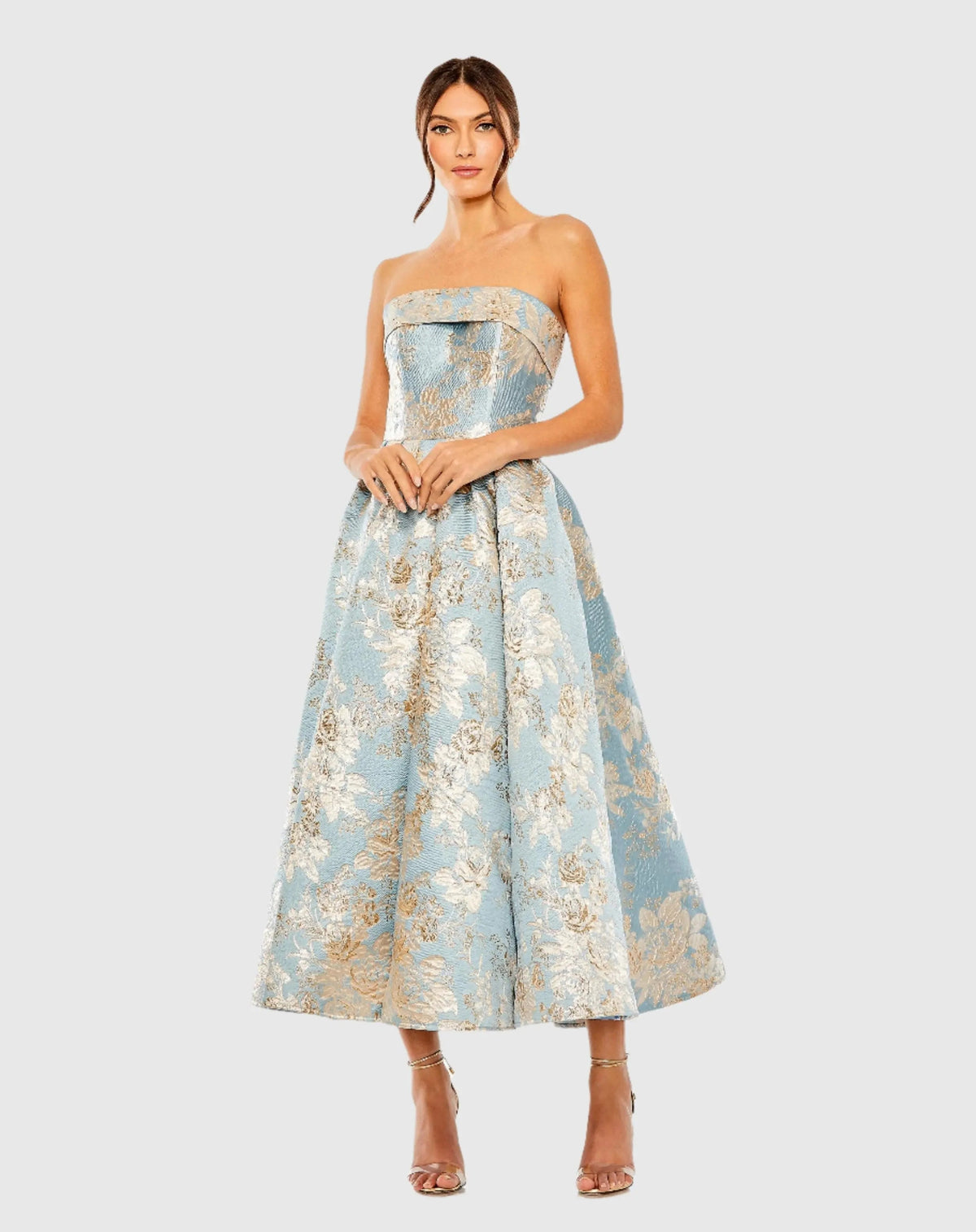 Women's Blue Midi Dress Strapless - Black Floral