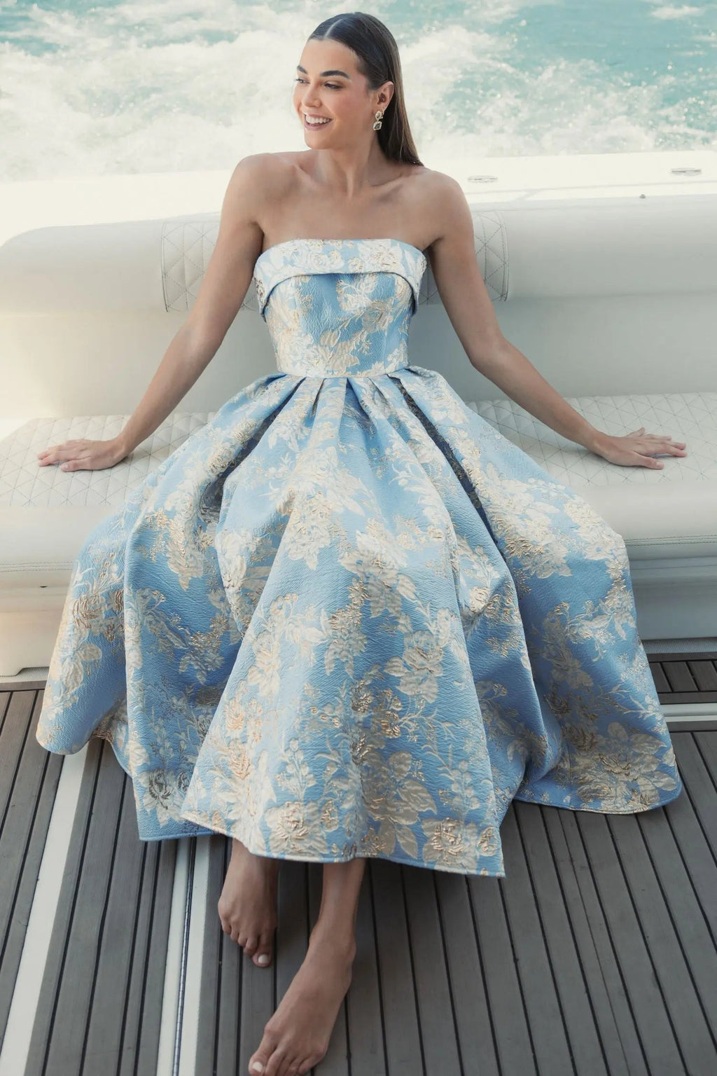 Women's Blue Midi Dress Strapless - Black Floral
